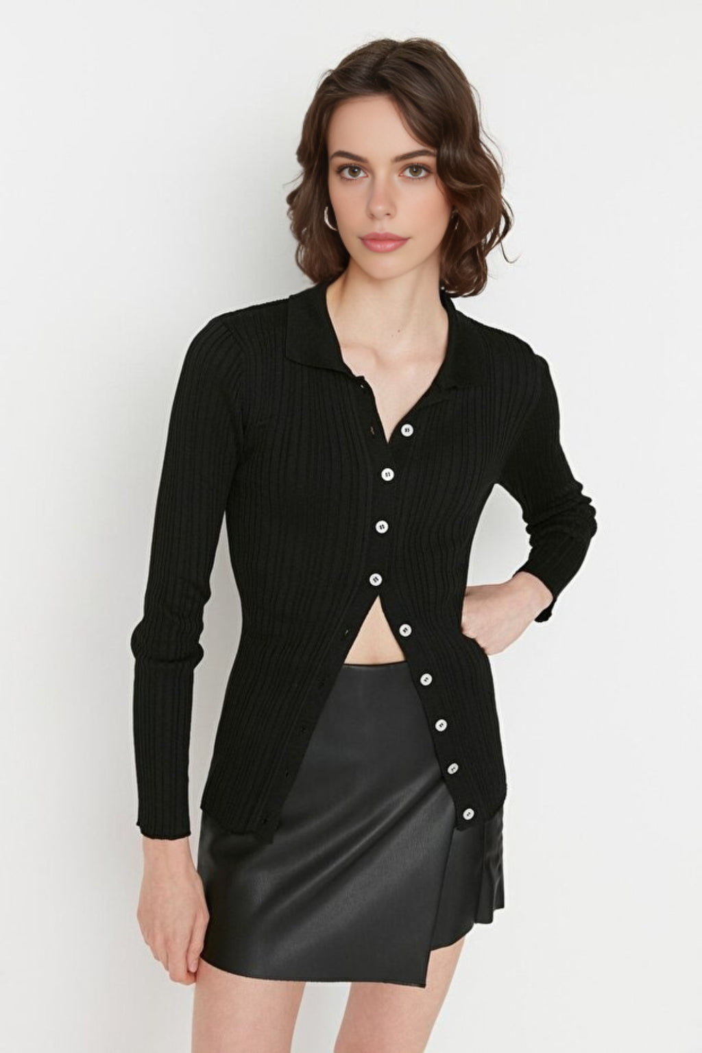 Mercerized Look Ribbed Polo Neck Knit Cardigan