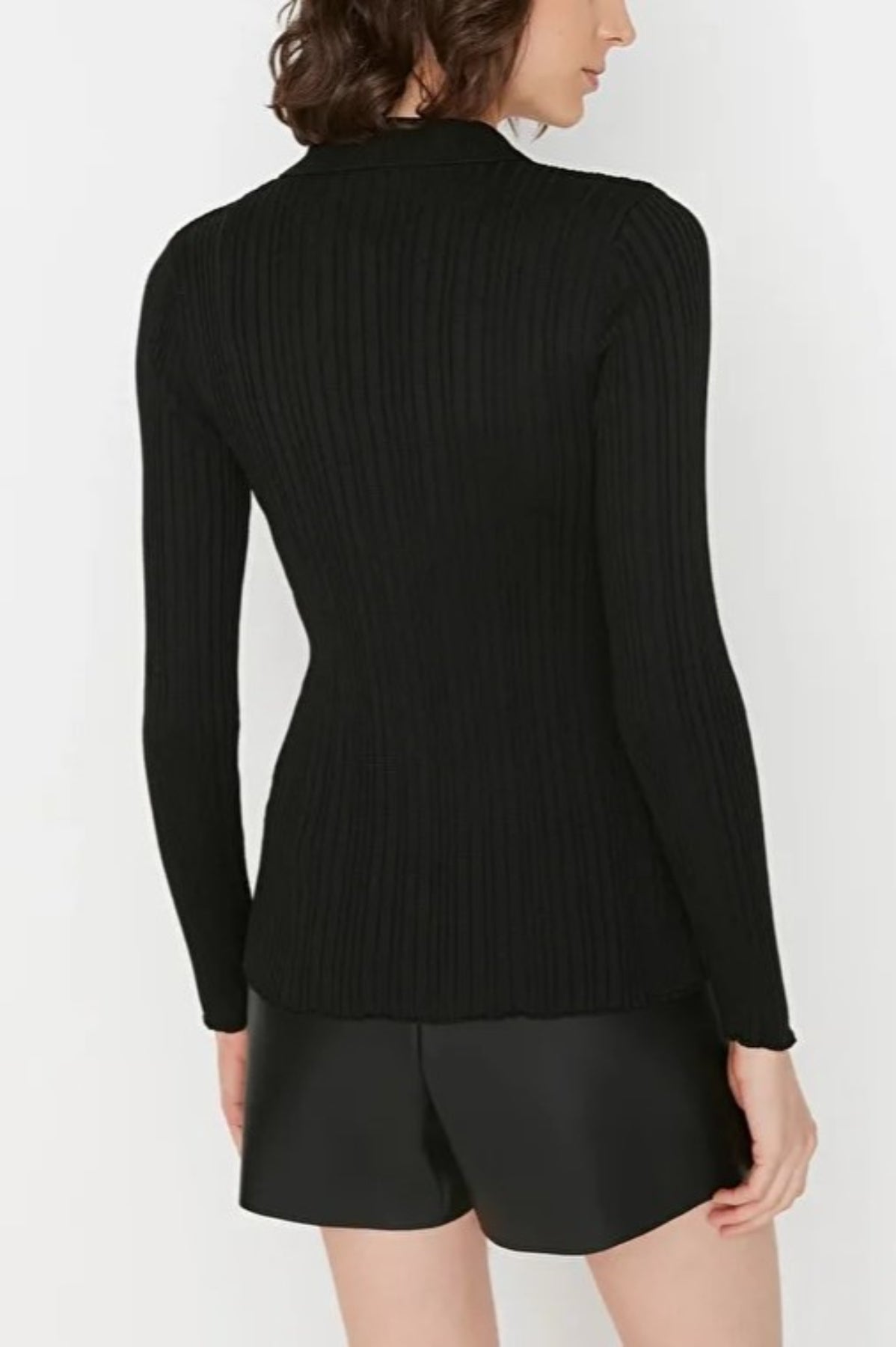 Mercerized Look Ribbed Polo Neck Knit Cardigan