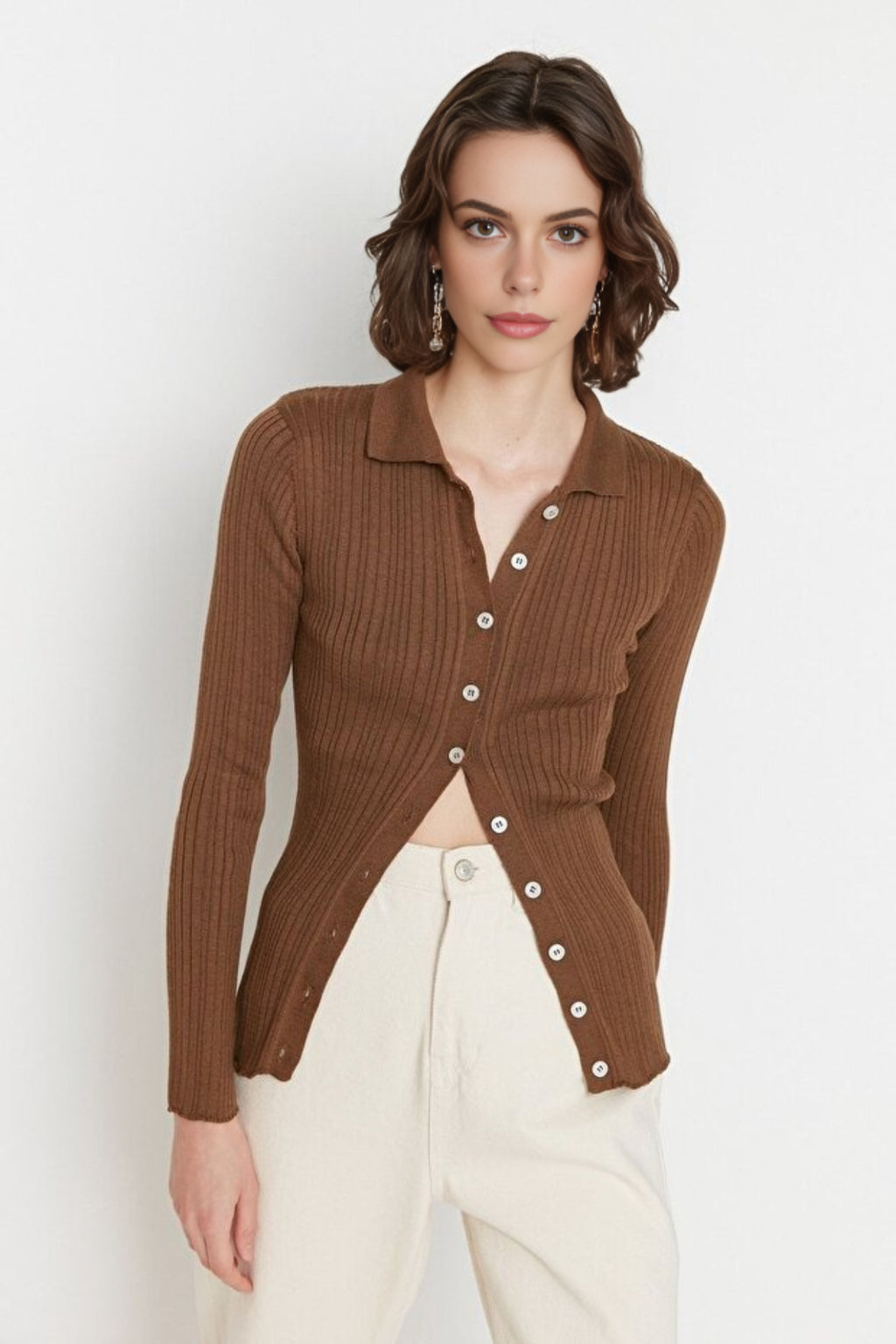 Mercerized Look Ribbed Polo Neck Knit Cardigan