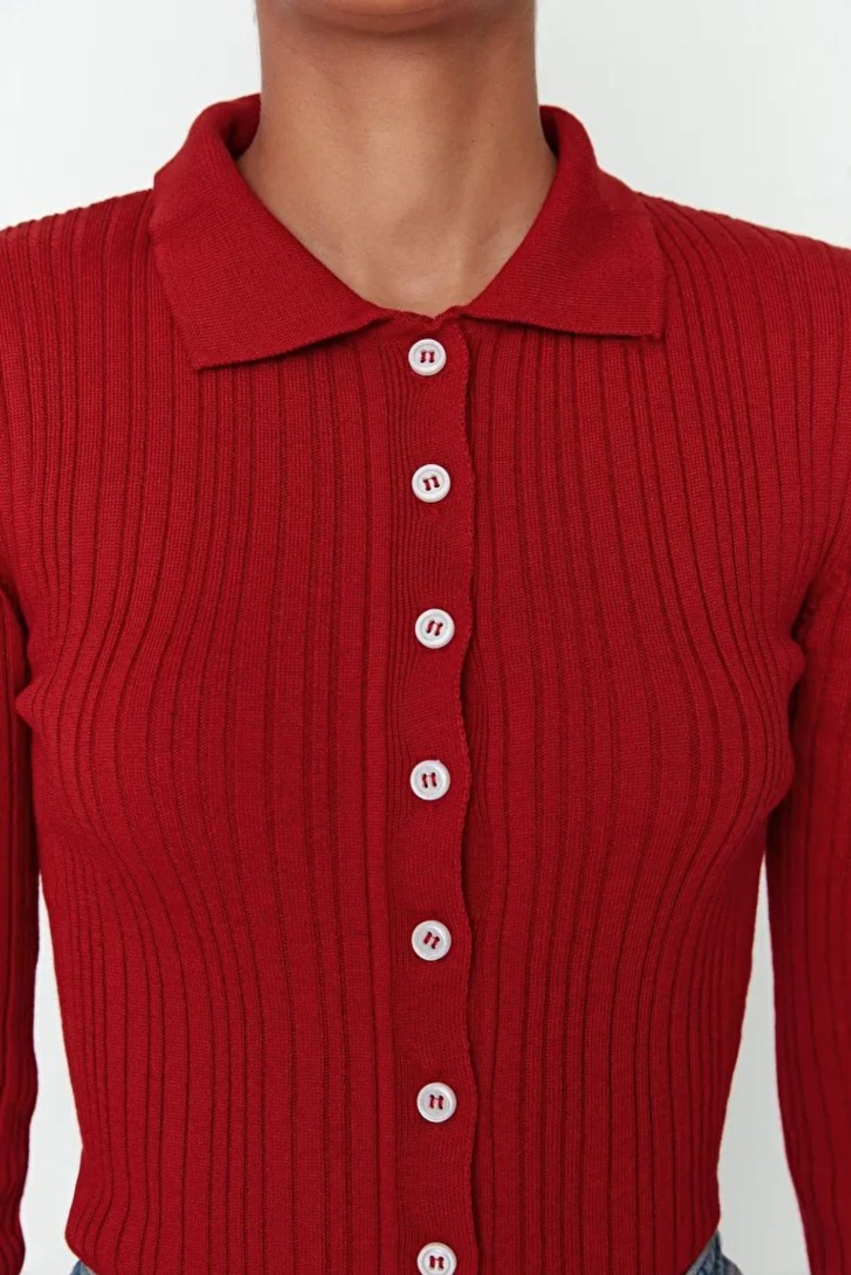 Mercerized Look Ribbed Polo Neck Knit Cardigan