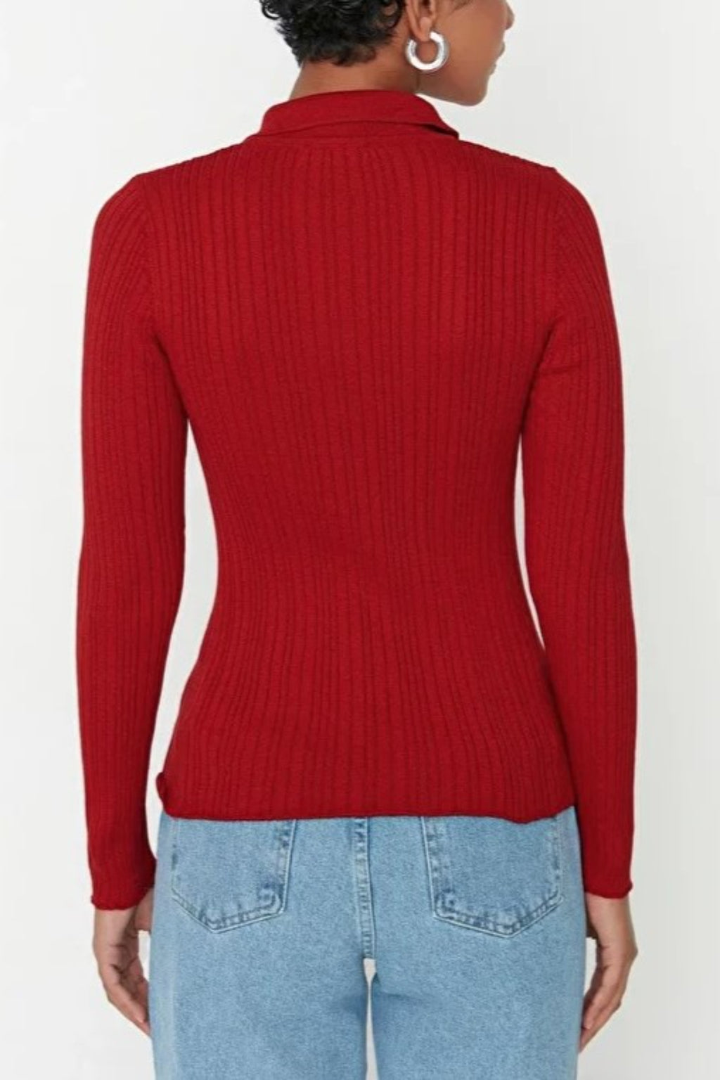 Mercerized Look Ribbed Polo Neck Knit Cardigan