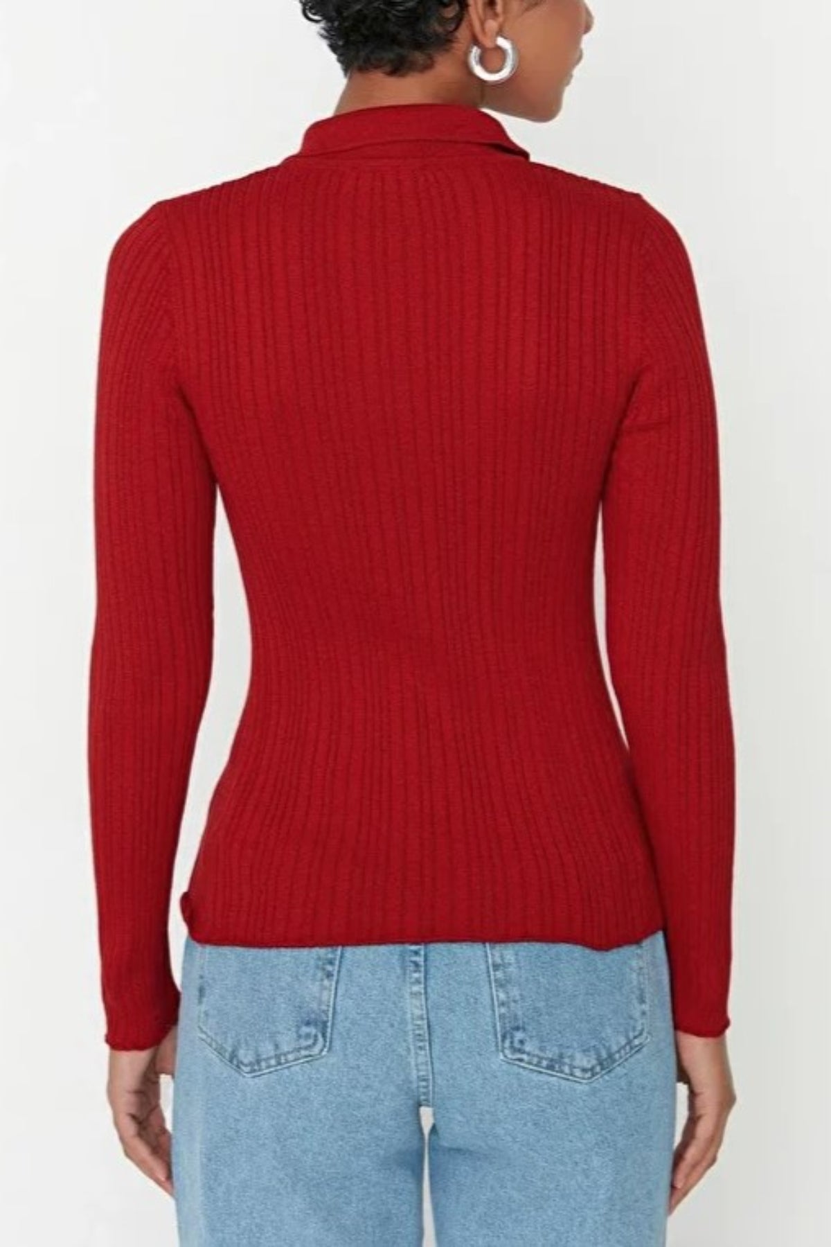 Mercerized Look Ribbed Polo Neck Knit Cardigan