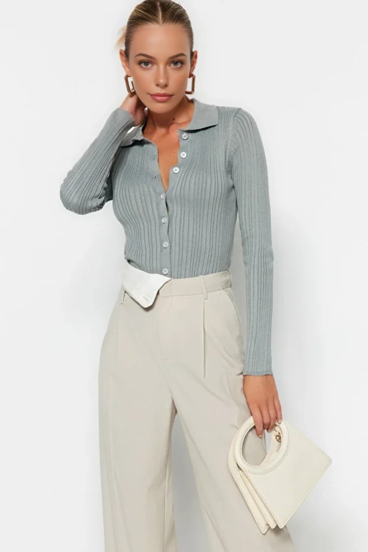 Mercerized Look Ribbed Polo Neck Knit Cardigan