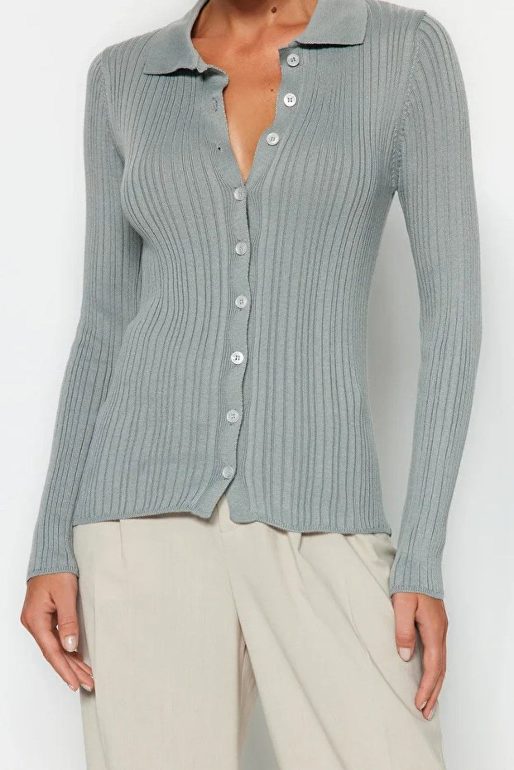Mercerized Look Ribbed Polo Neck Knit Cardigan