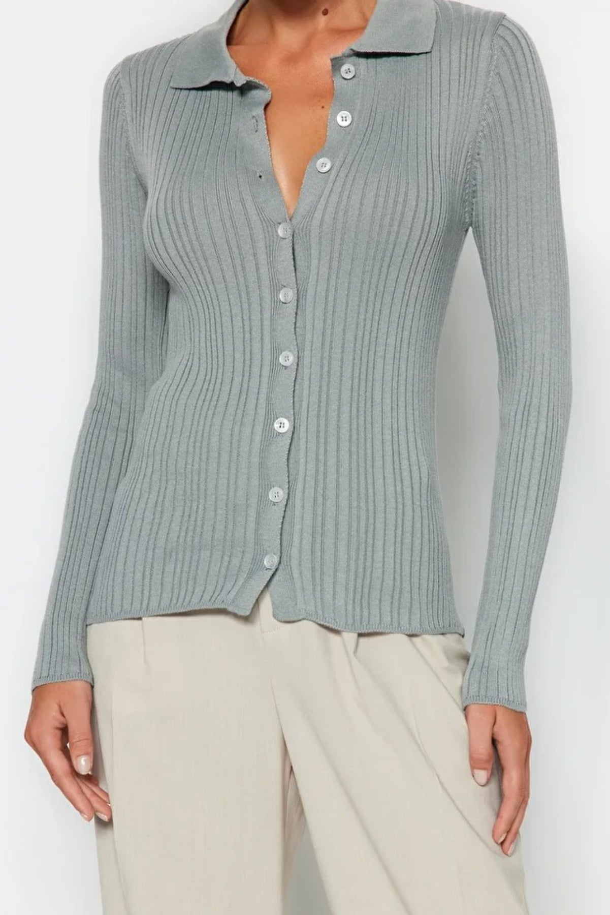 Mercerized Look Ribbed Polo Neck Knit Cardigan