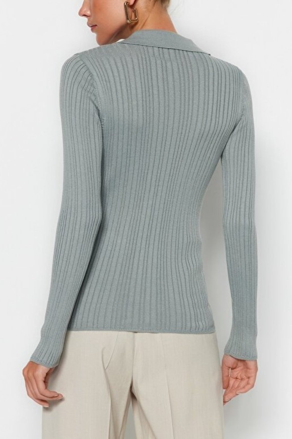 Mercerized Look Ribbed Polo Neck Knit Cardigan