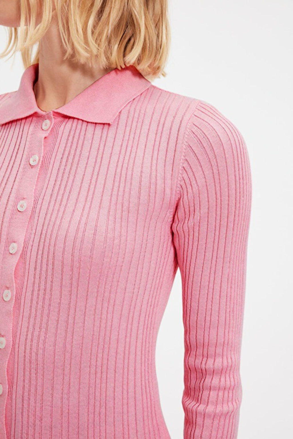 Mercerized Look Ribbed Polo Neck Knit Cardigan