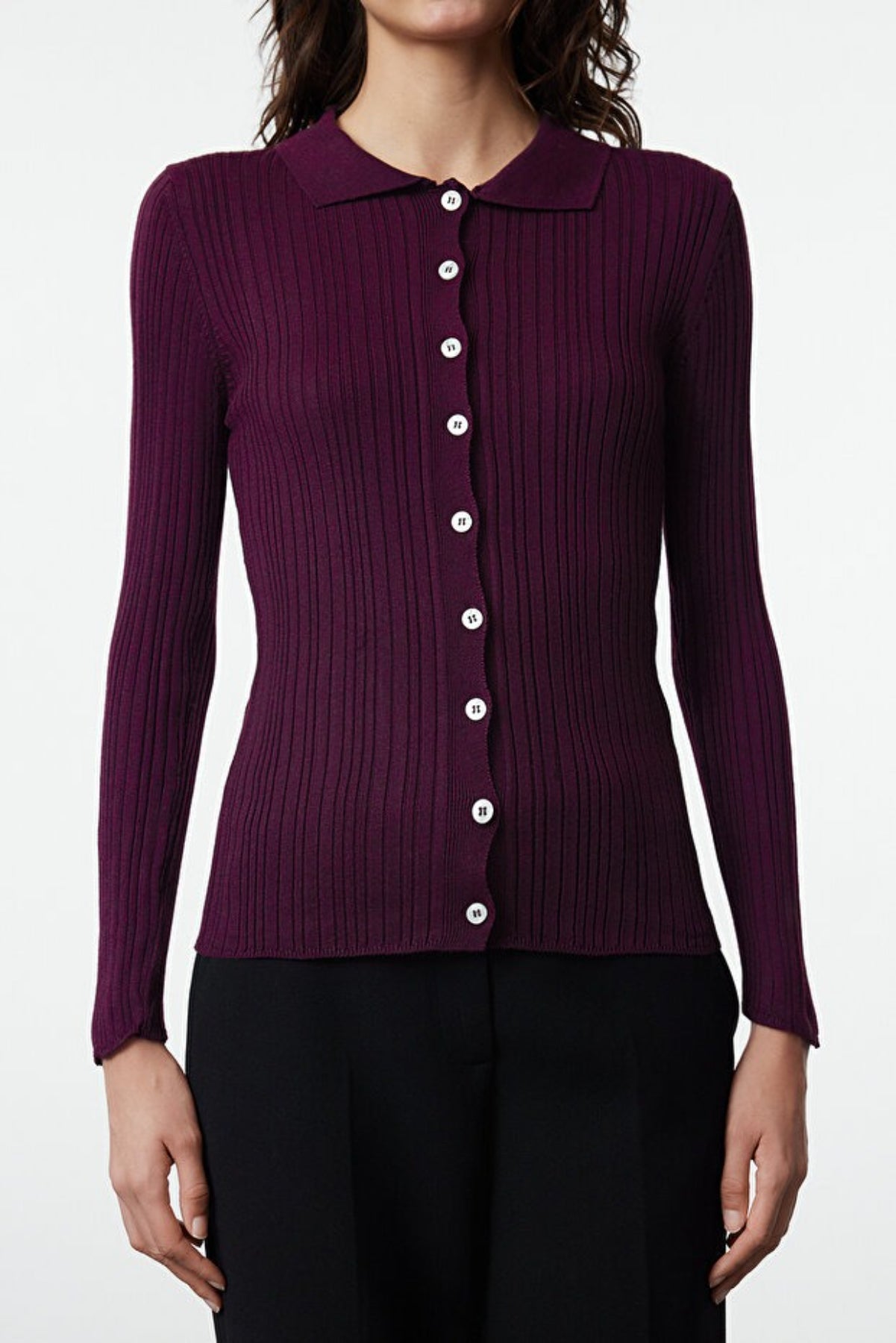 Mercerized Look Ribbed Polo Neck Knit Cardigan