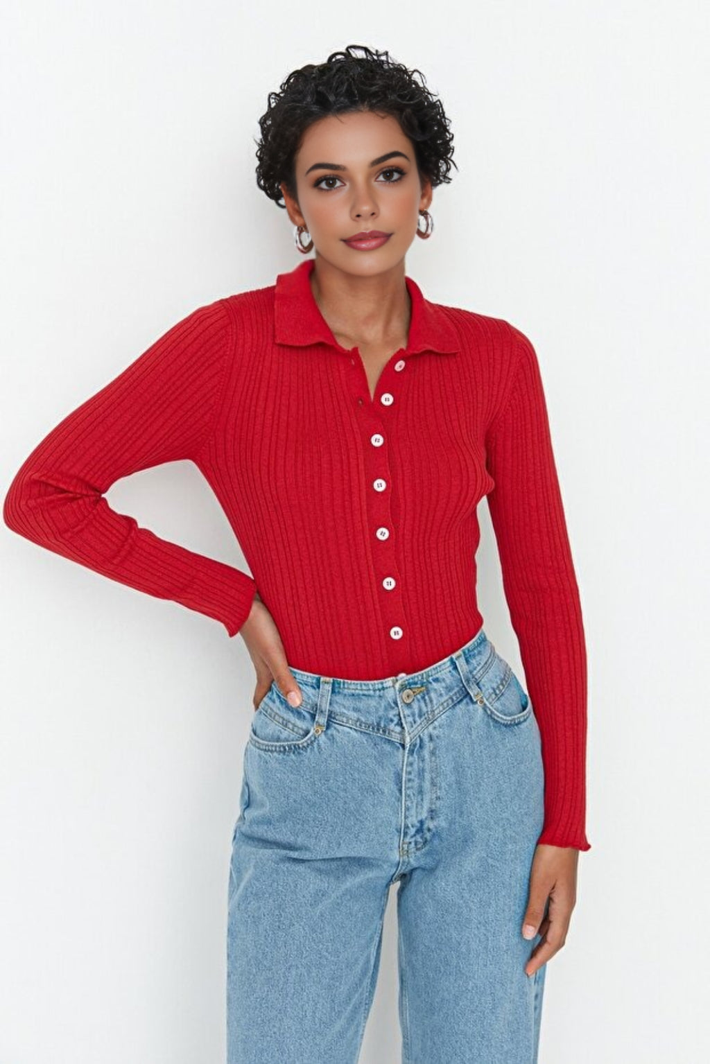 Mercerized Look Ribbed Polo Neck Knit Cardigan