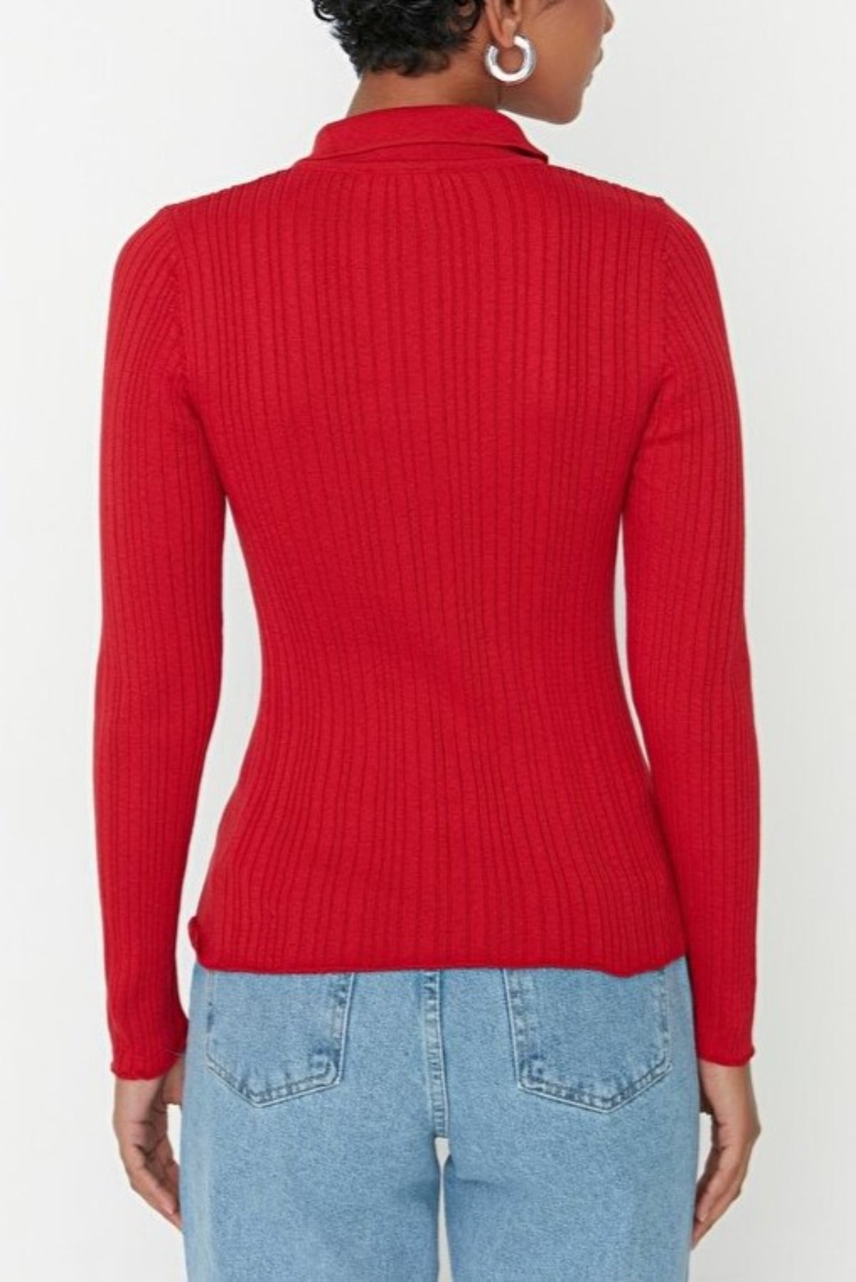 Mercerized Look Ribbed Polo Neck Knit Cardigan