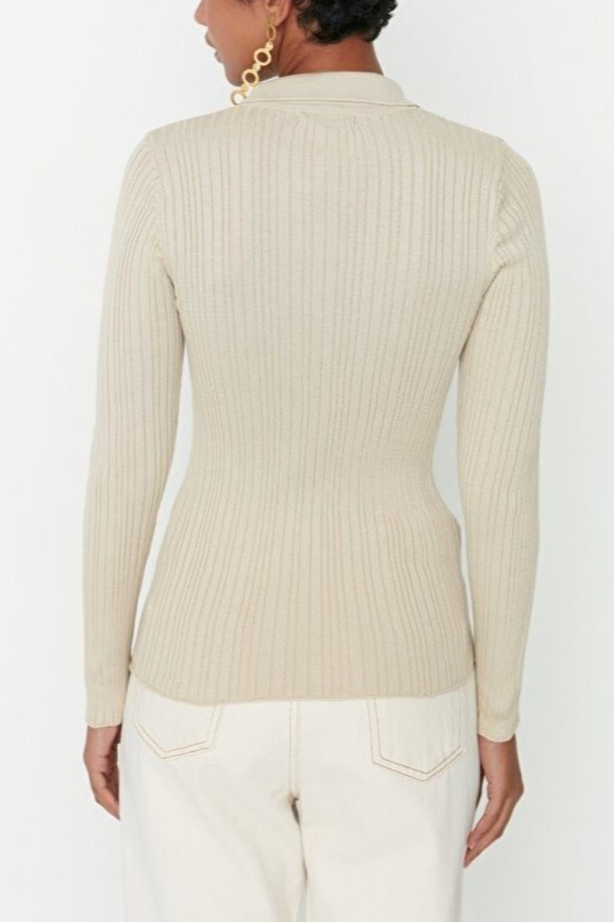 Mercerized Look Ribbed Polo Neck Knit Cardigan