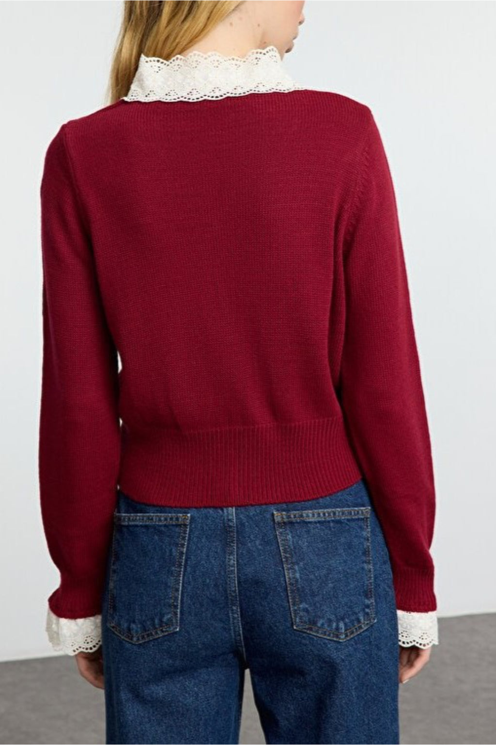 Lace Garnished Ribbon/Bow Detailed Knit Crop Cardigan