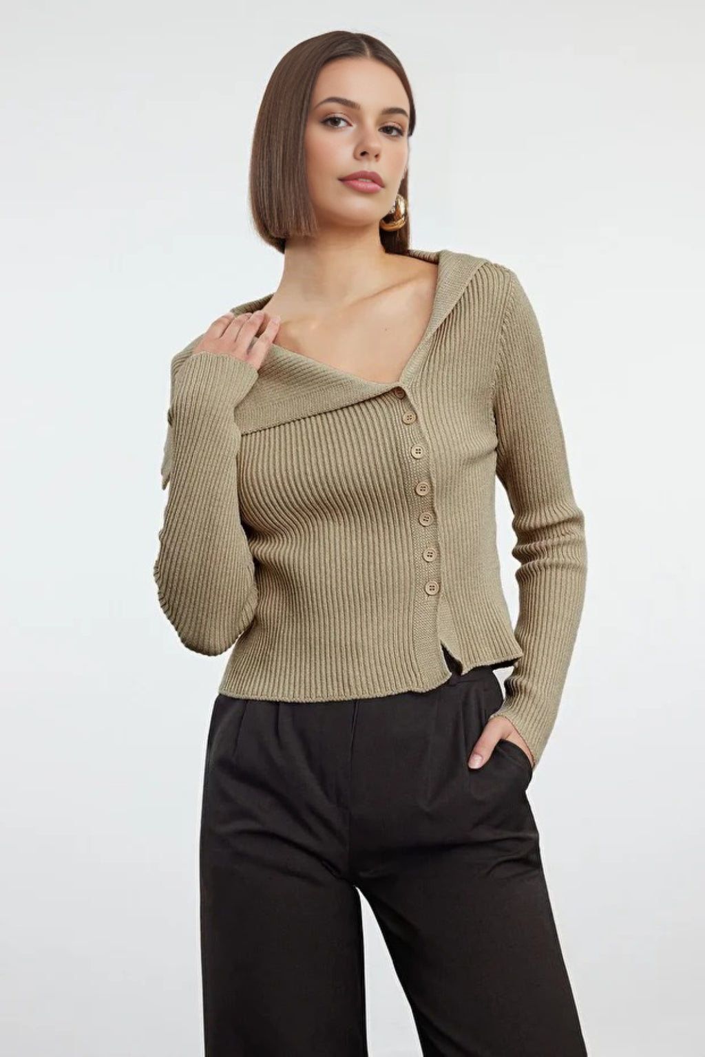 Mercerized Look Premium Yarn Fitted Knit Cardigan