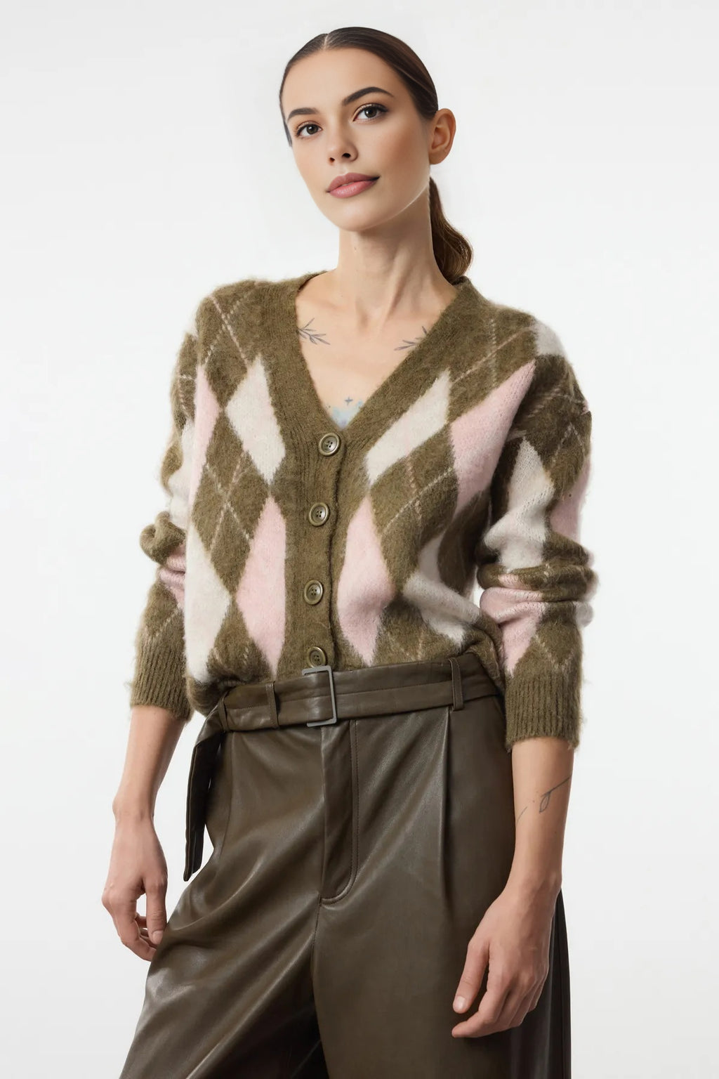 V-Neck Soft Texture Argyle Pattern Knit Cardigan