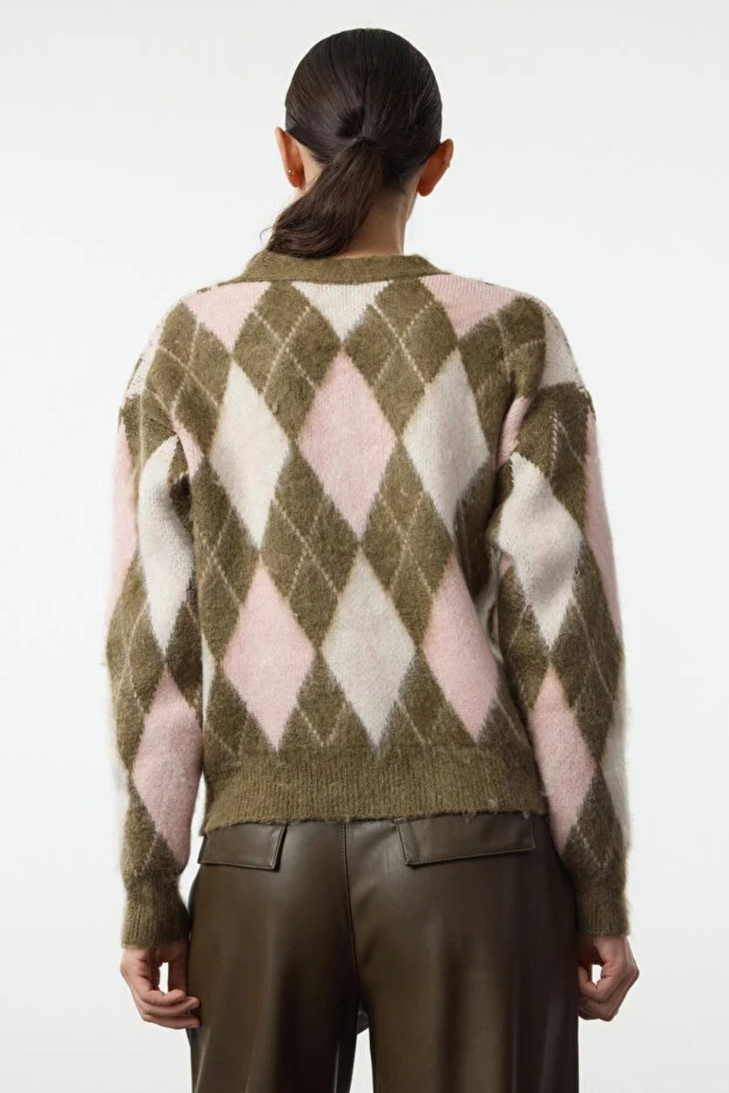 V-Neck Soft Texture Argyle Pattern Knit Cardigan