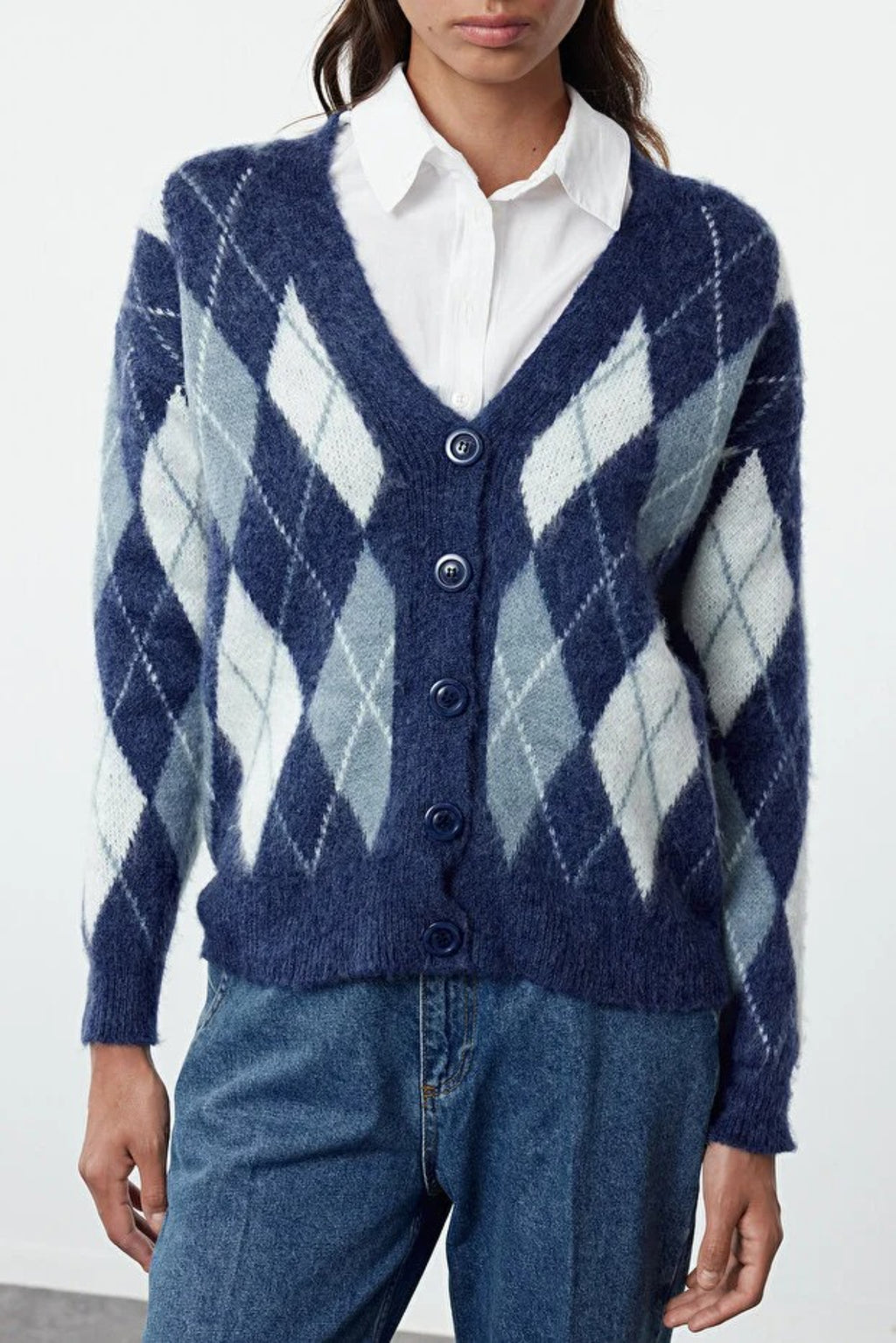 V-Neck Soft Texture Argyle Pattern Knit Cardigan