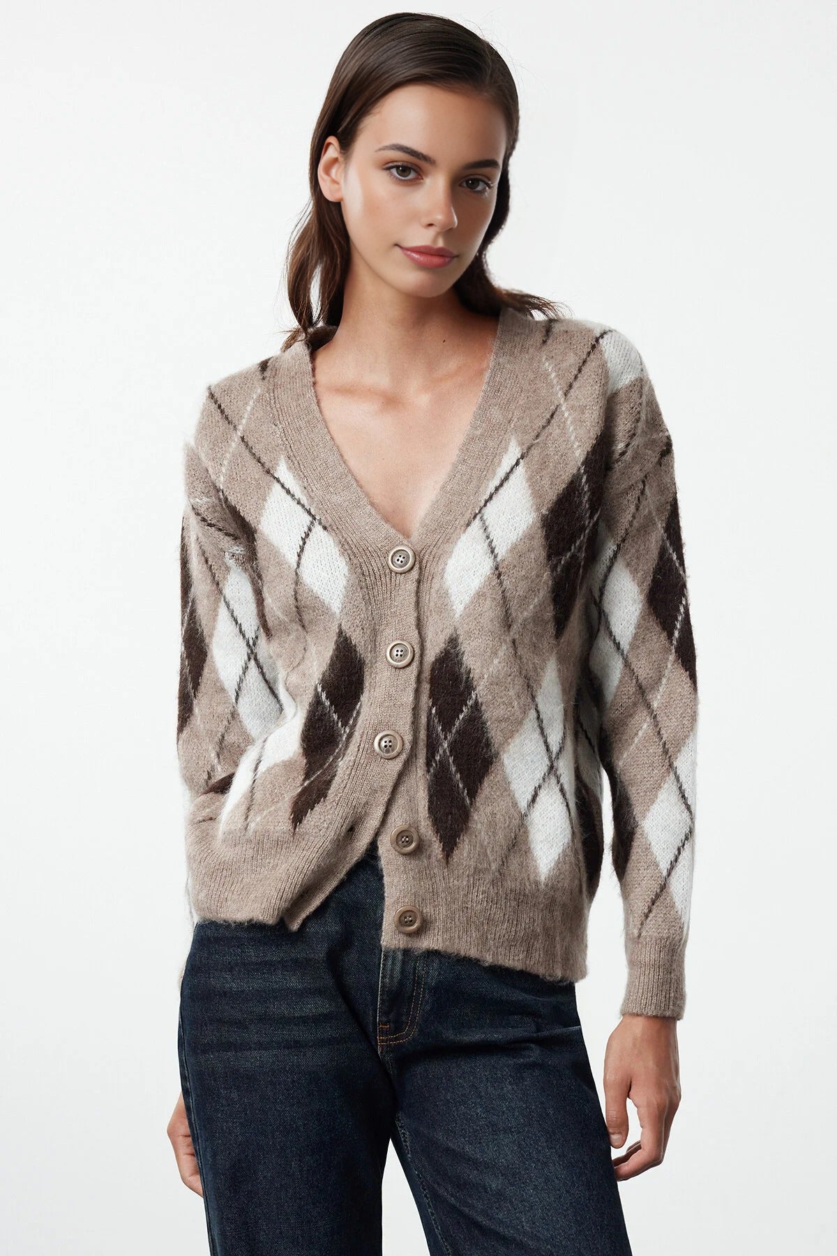 V-Neck Soft Texture Argyle Pattern Knit Cardigan