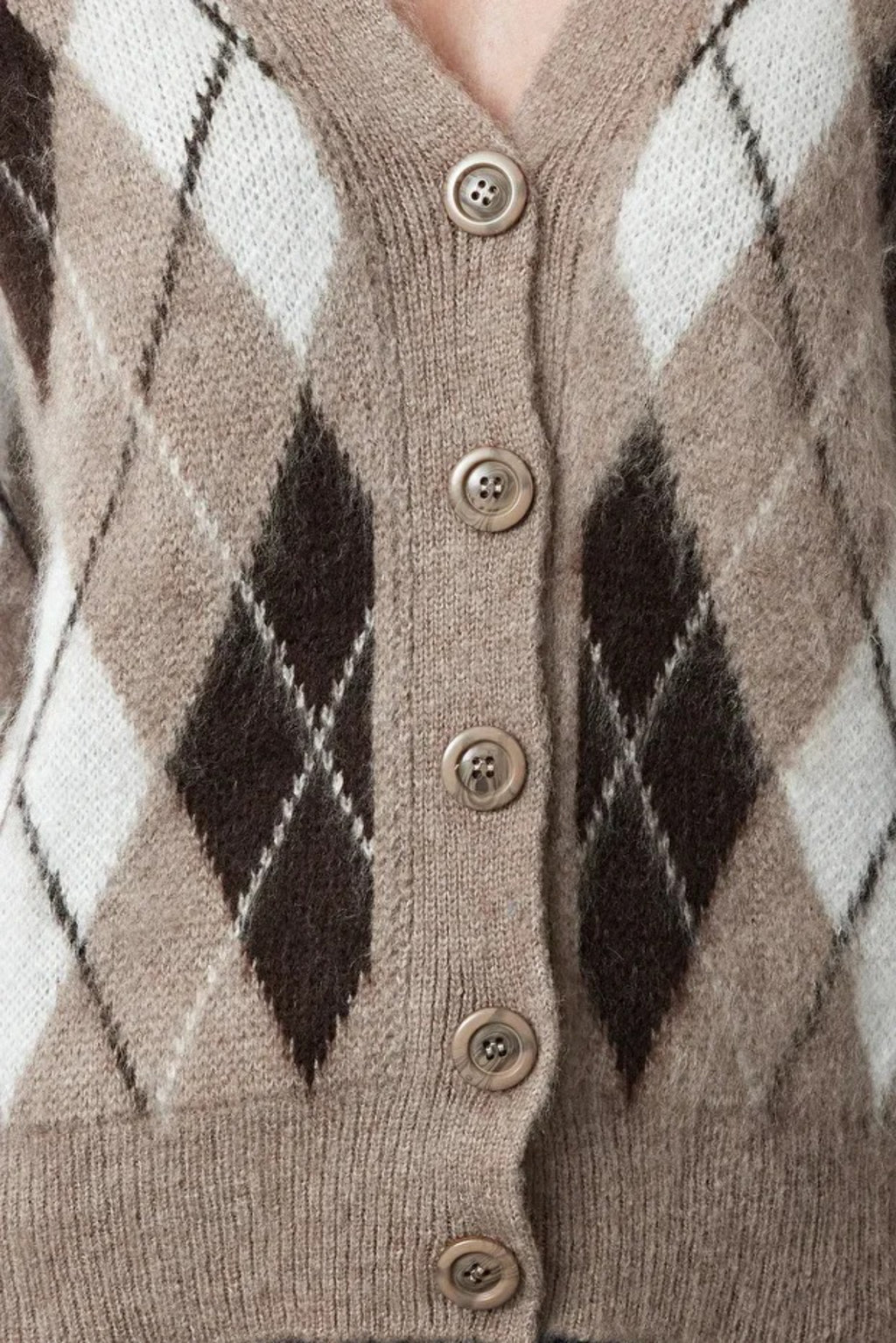 V-Neck Soft Texture Argyle Pattern Knit Cardigan