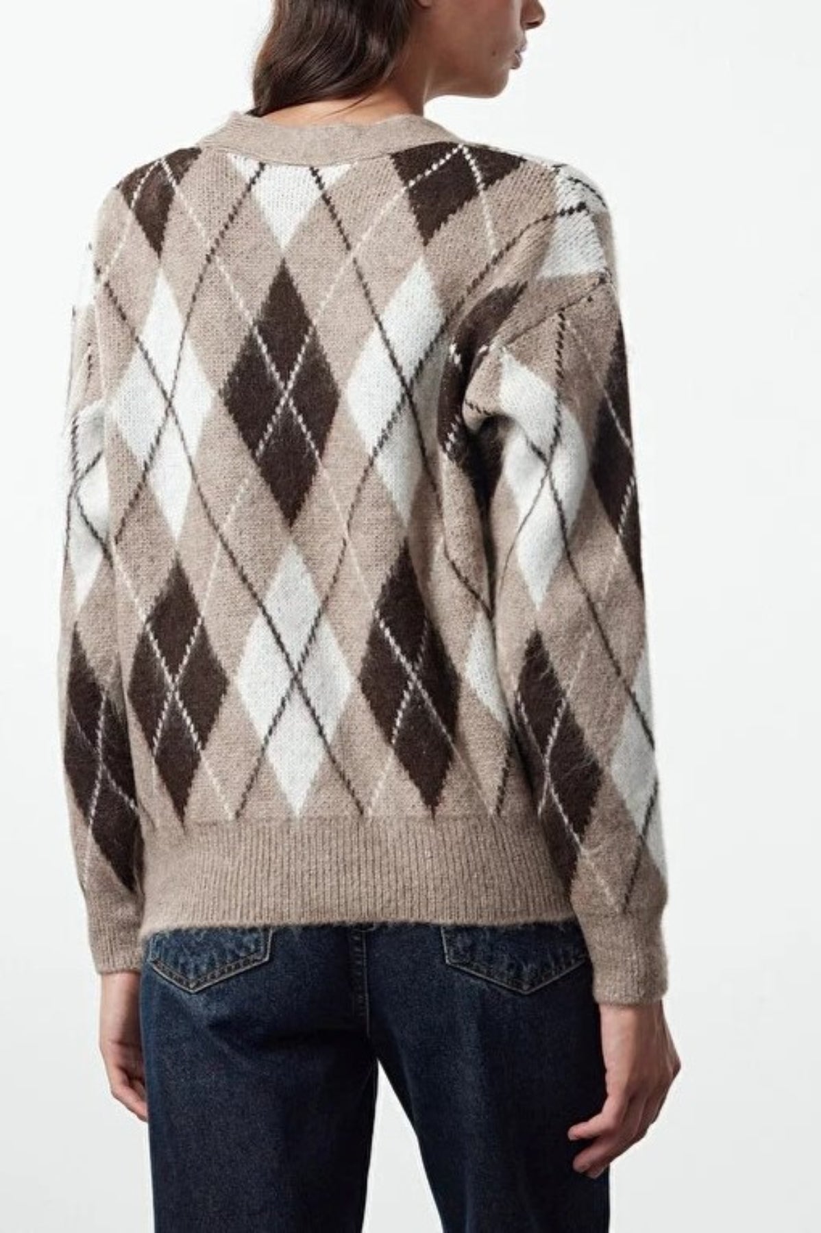 V-Neck Soft Texture Argyle Pattern Knit Cardigan