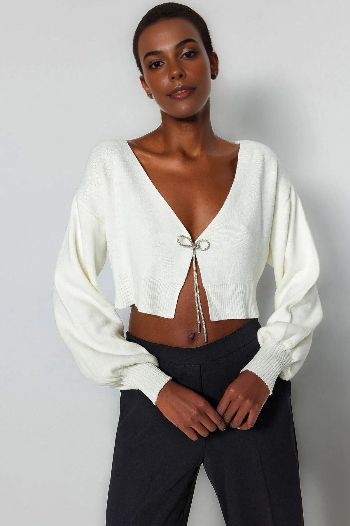 Super Crop Knit Cardigan with Bow Detail