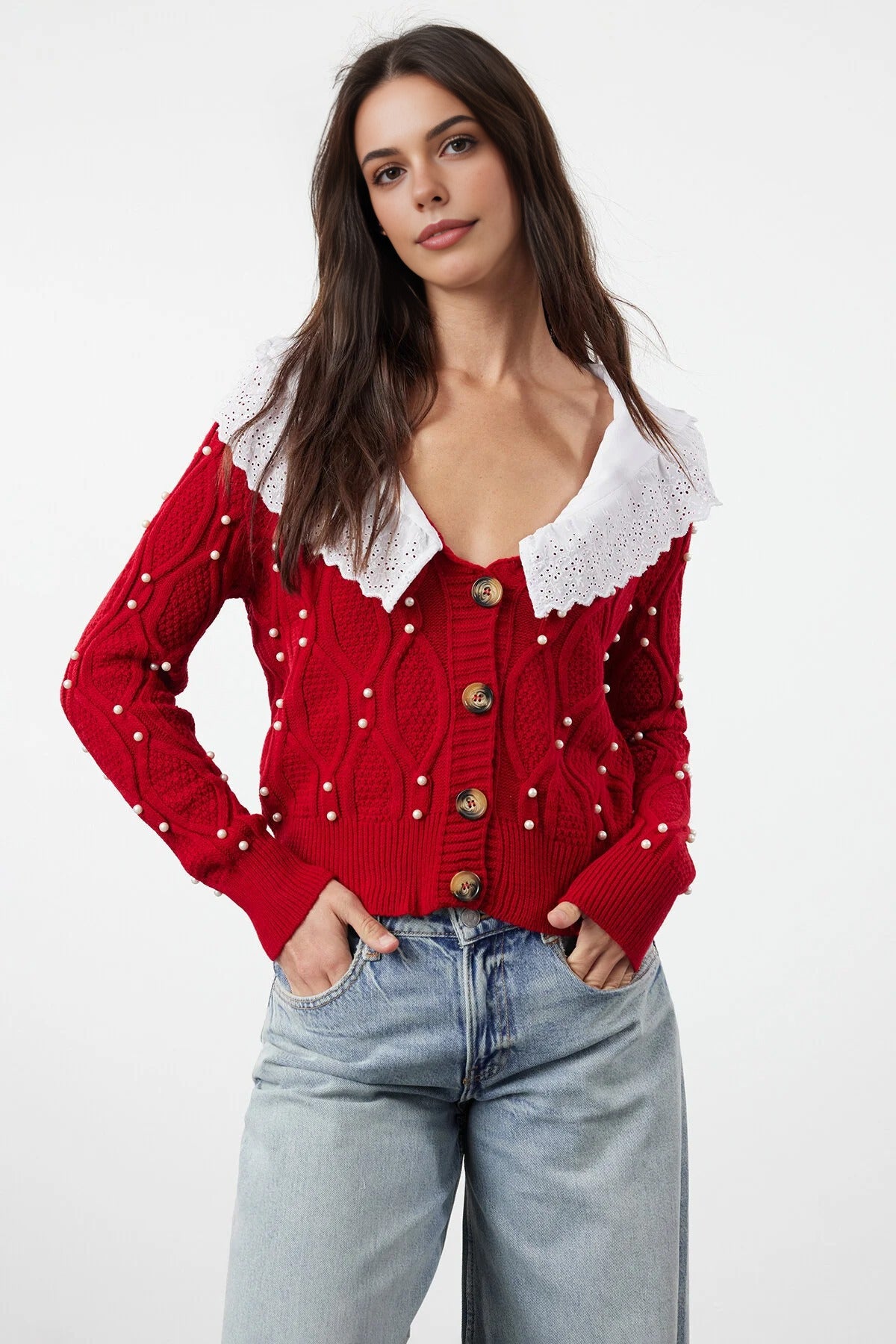 Shirt Woven Garni Collar Detailed Knit Cardigan