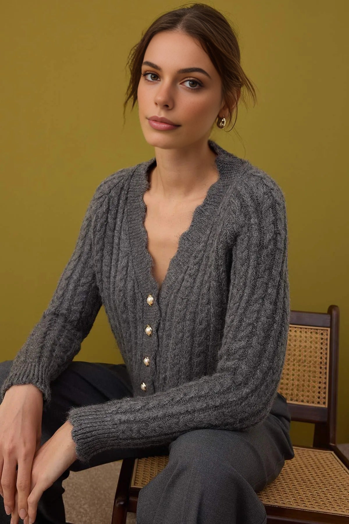 Soft Textured Crop Knit Cardigan with Pearl Button Details