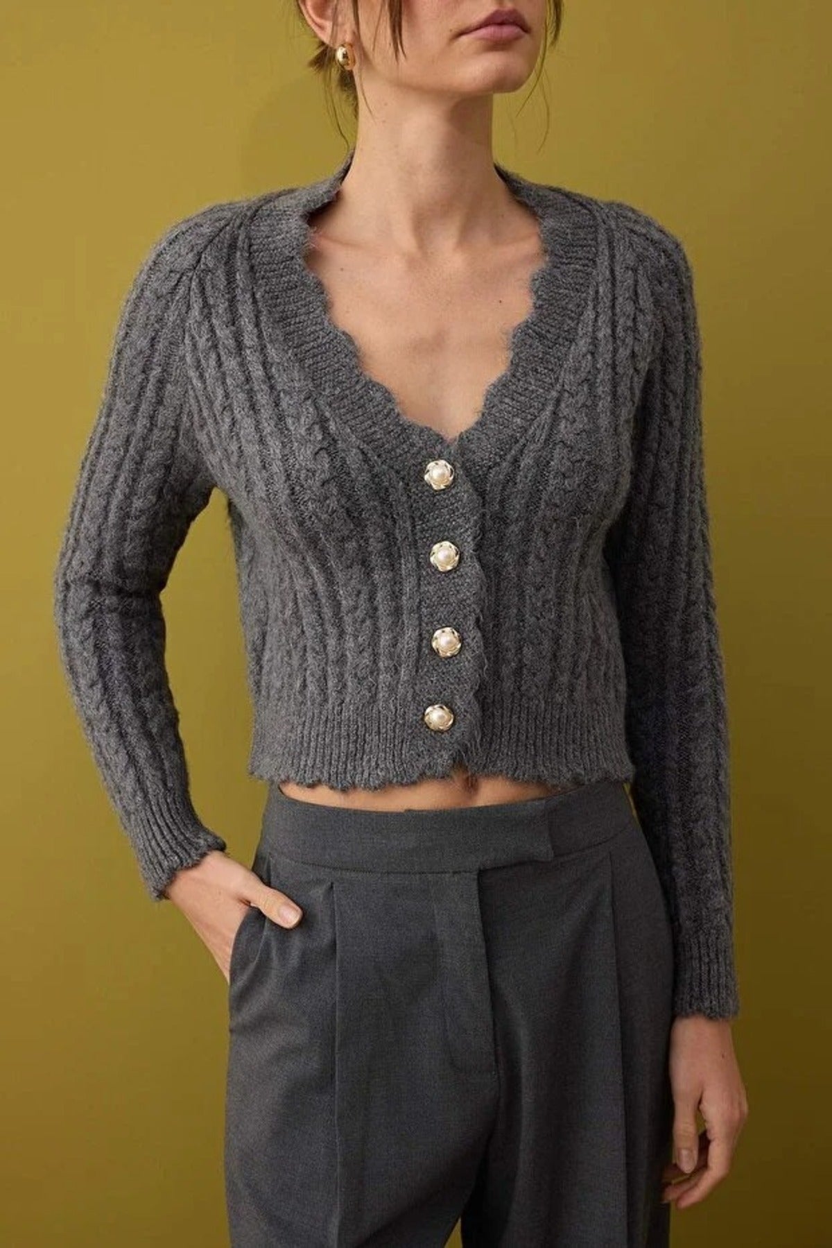Soft Textured Crop Knit Cardigan with Pearl Button Details