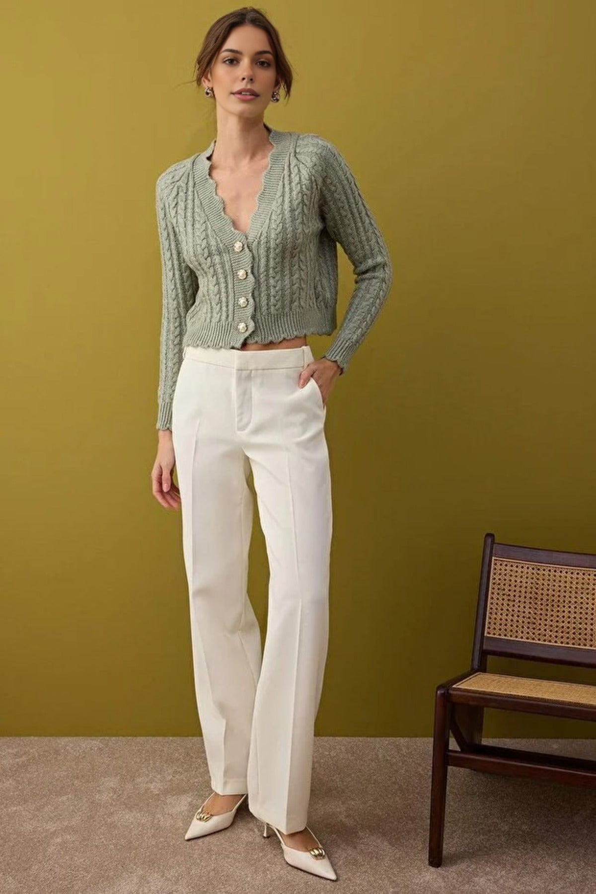 Soft Textured Crop Knit Cardigan with Pearl Button Details