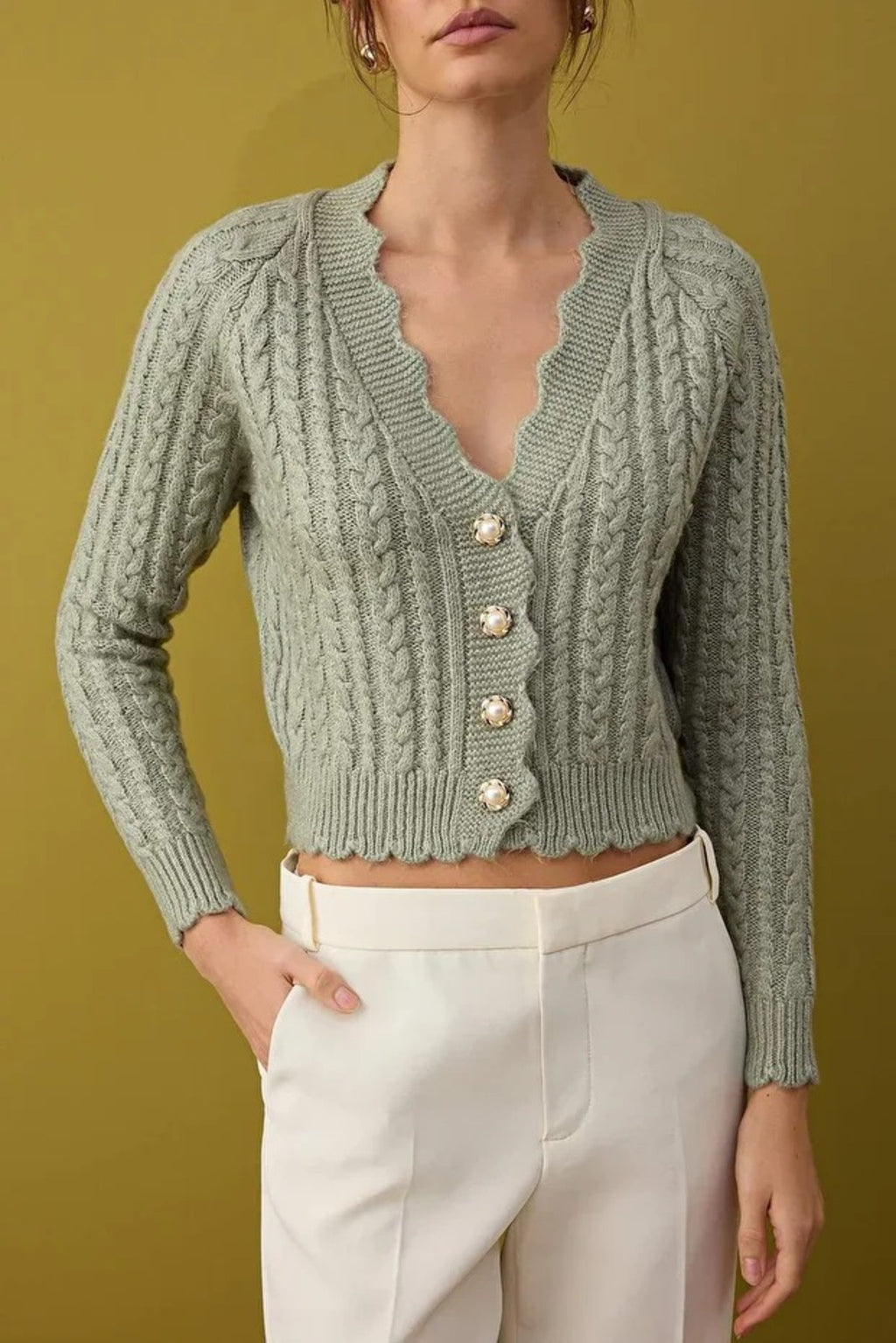 Soft Textured Crop Knit Cardigan with Pearl Button Details