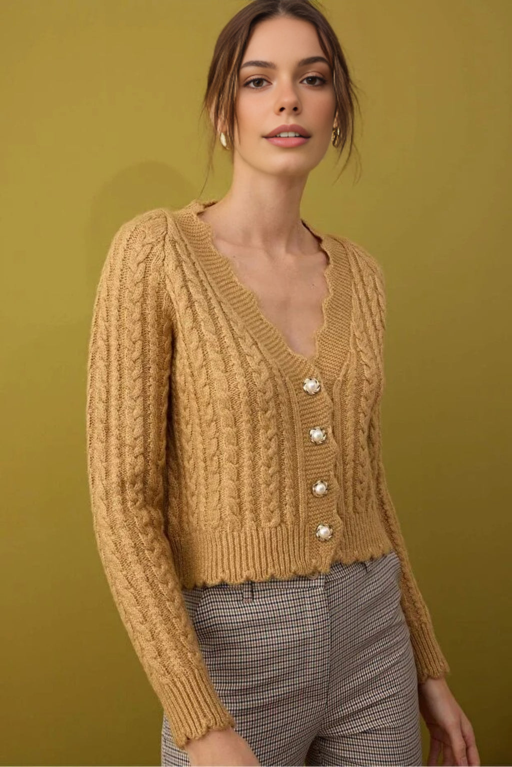 Soft Textured Crop Knit Cardigan with Pearl Button Details