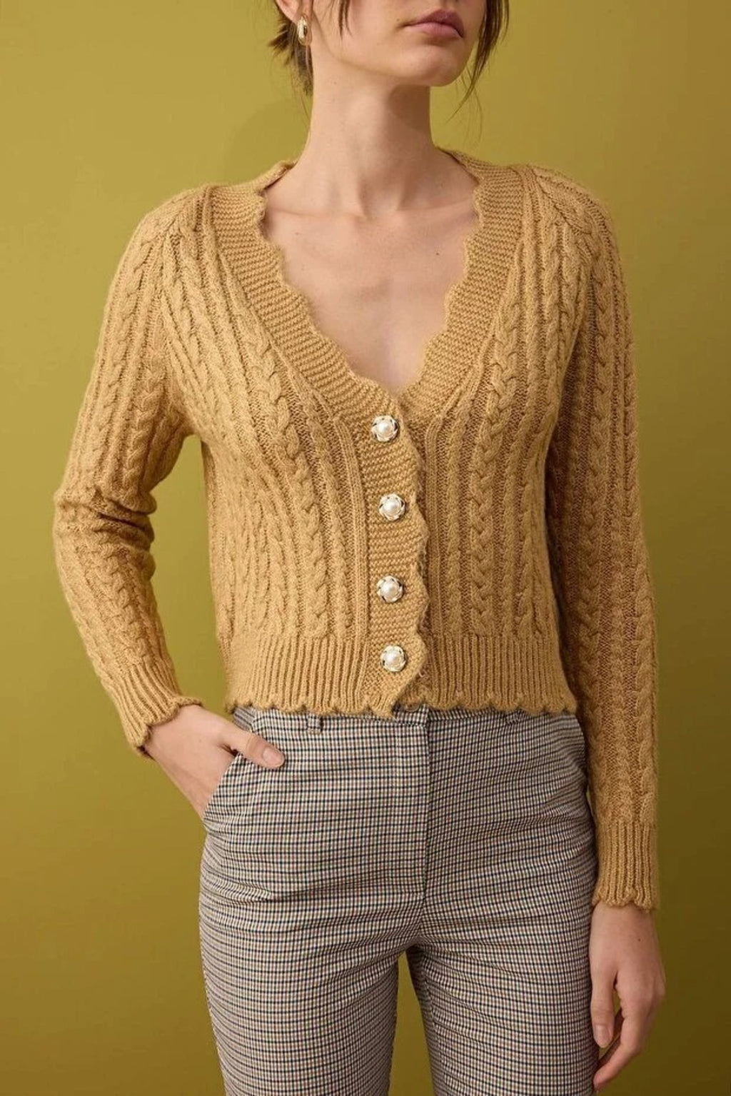 Soft Textured Crop Knit Cardigan with Pearl Button Details