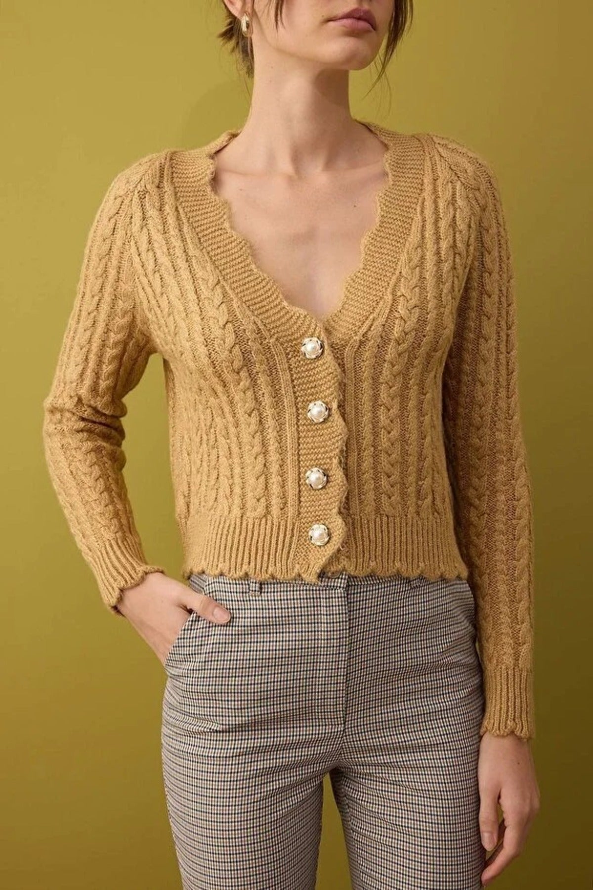 Soft Textured Crop Knit Cardigan with Pearl Button Details
