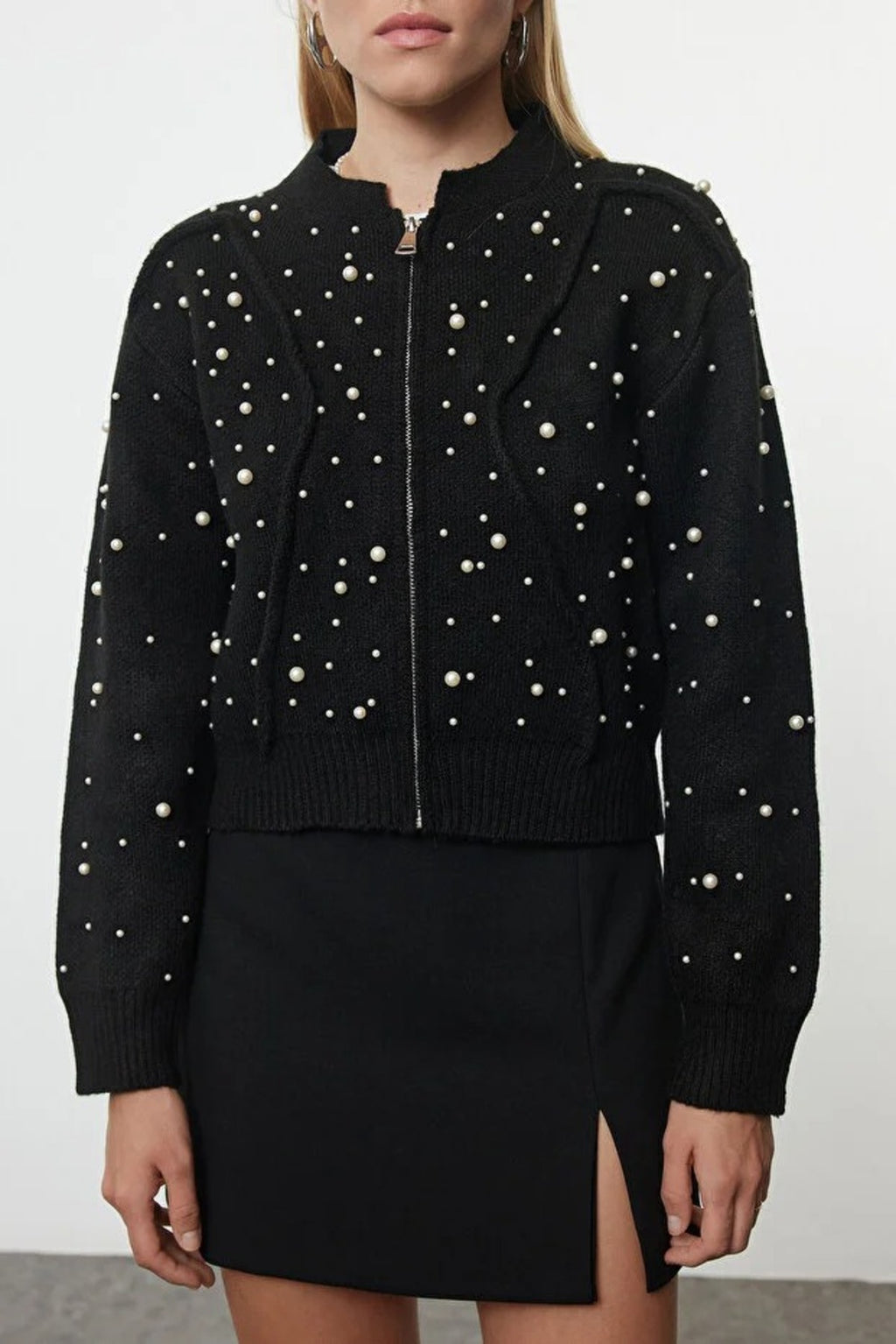 Soft Textured Zippered Knit Cardigan with Stone Details