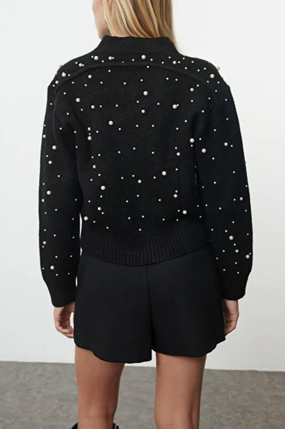 Soft Textured Zippered Knit Cardigan with Stone Details