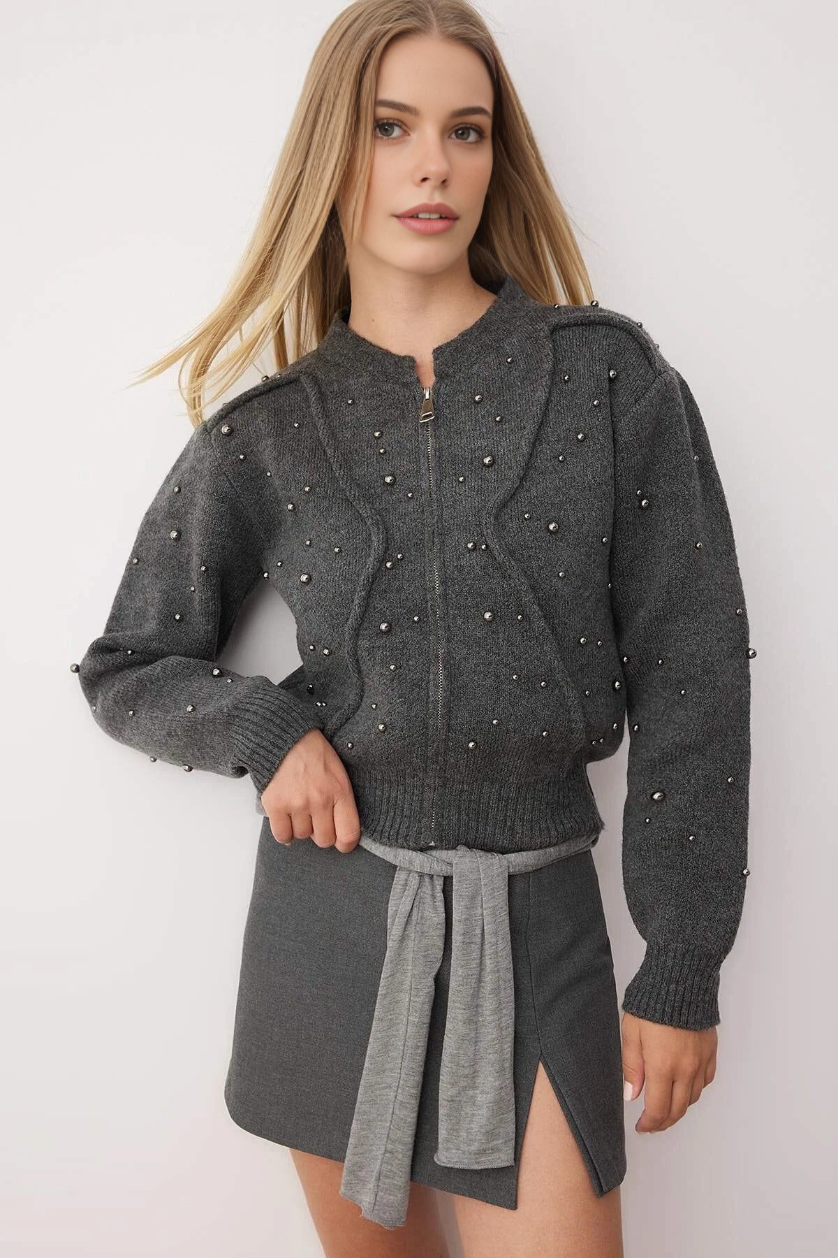 Soft Textured Zippered Knit Cardigan with Stone Details