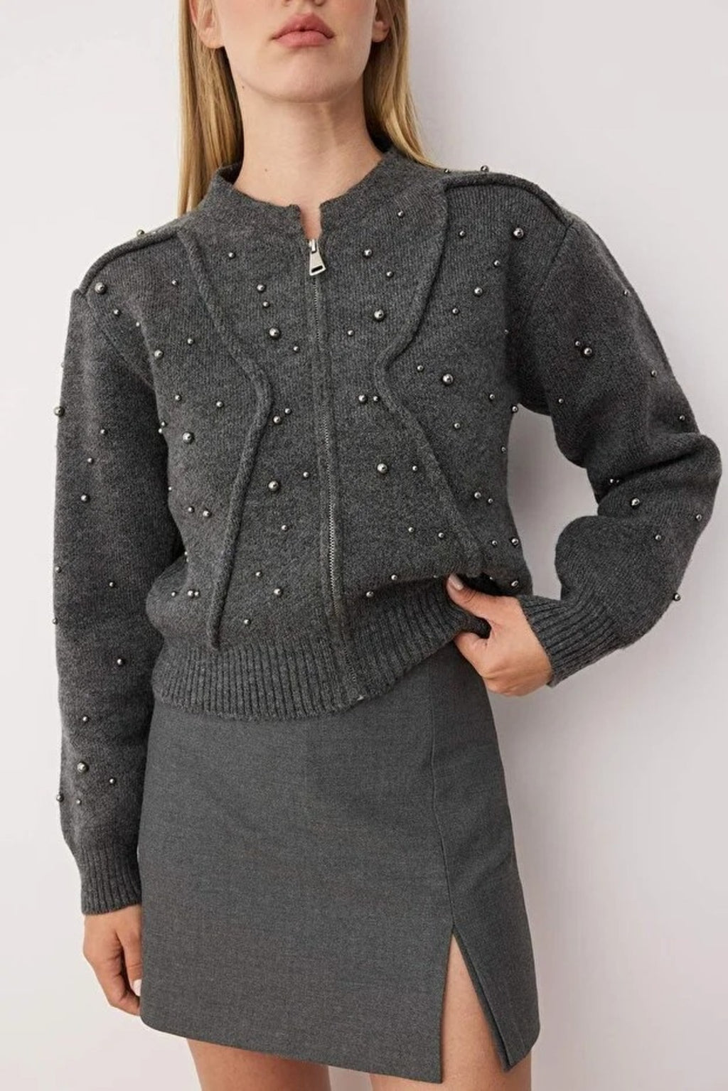Soft Textured Zippered Knit Cardigan with Stone Details