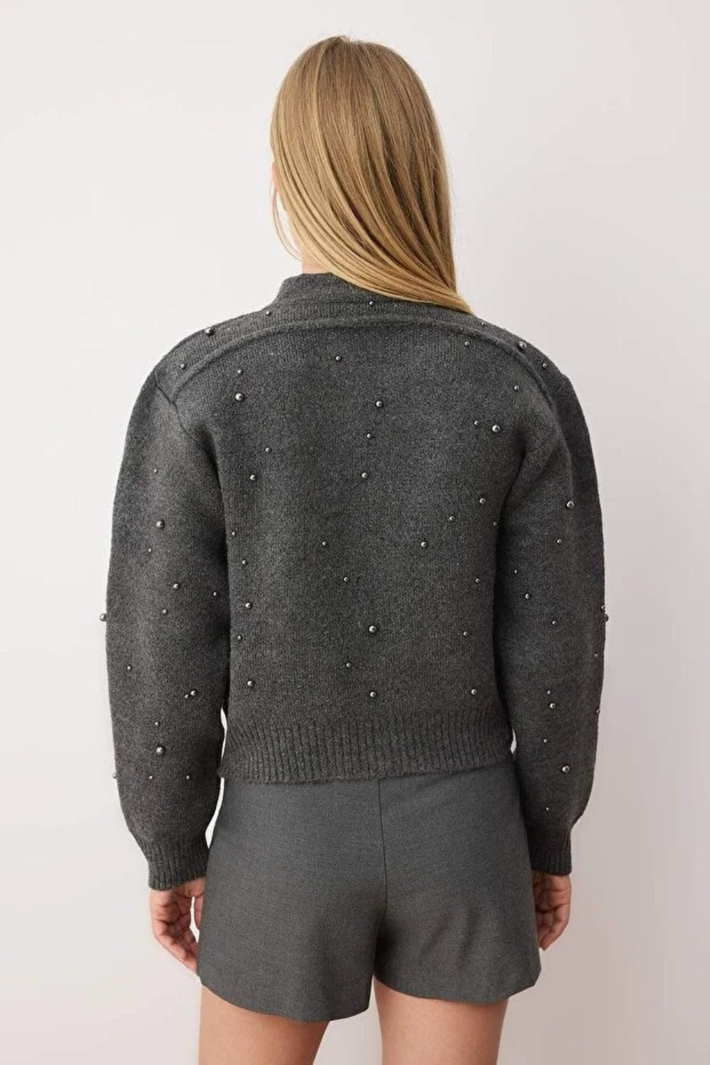 Soft Textured Zippered Knit Cardigan with Stone Details