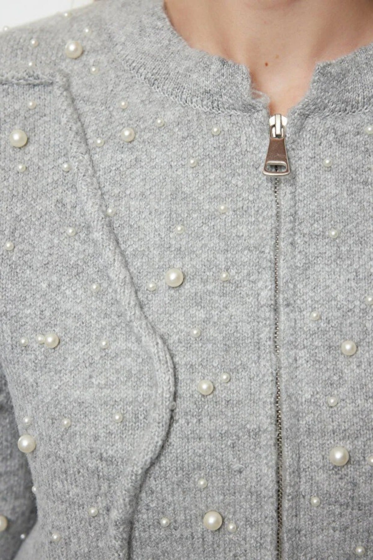 Soft Textured Zippered Knit Cardigan with Stone Details