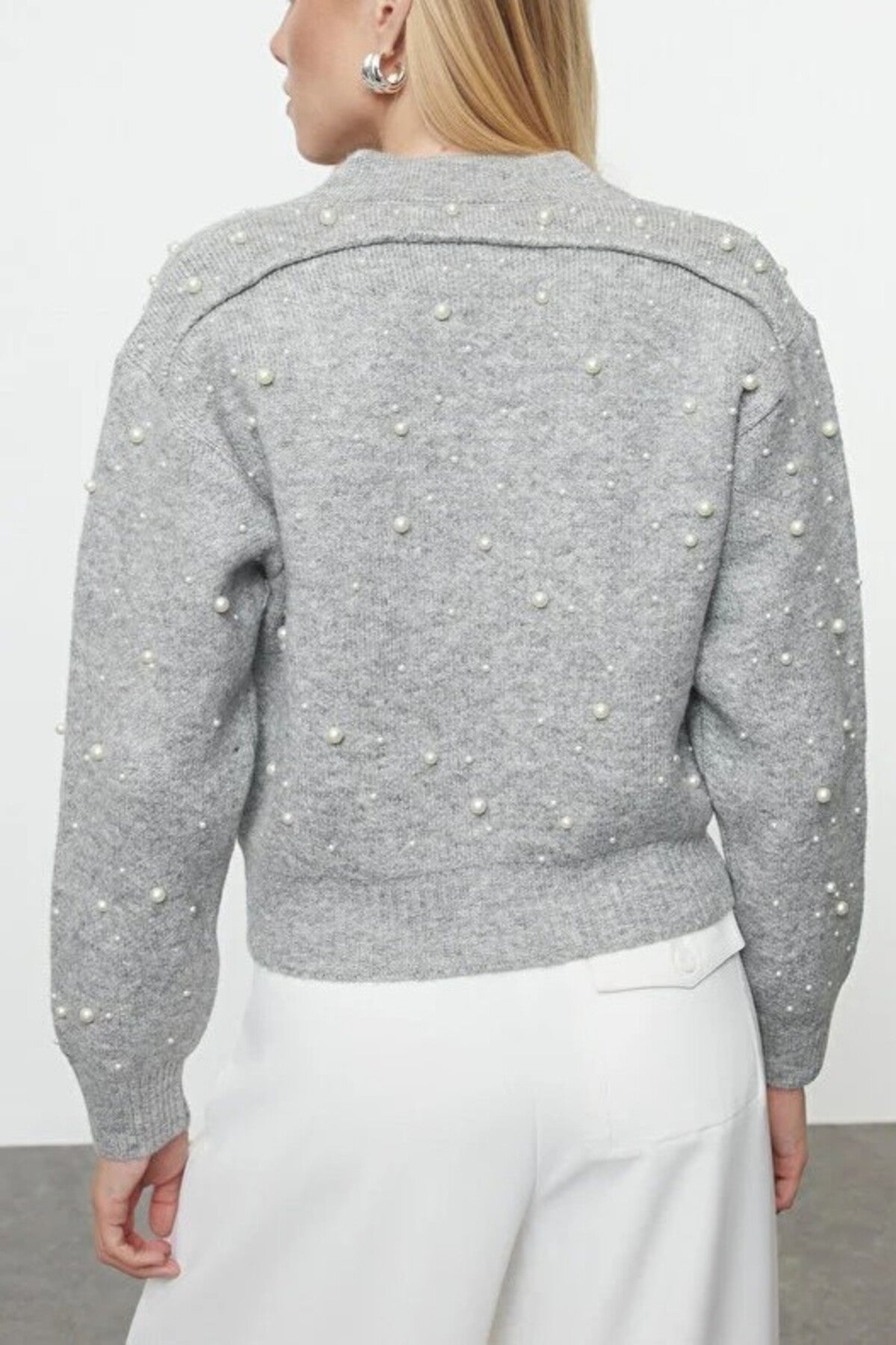 Soft Textured Zippered Knit Cardigan with Stone Details