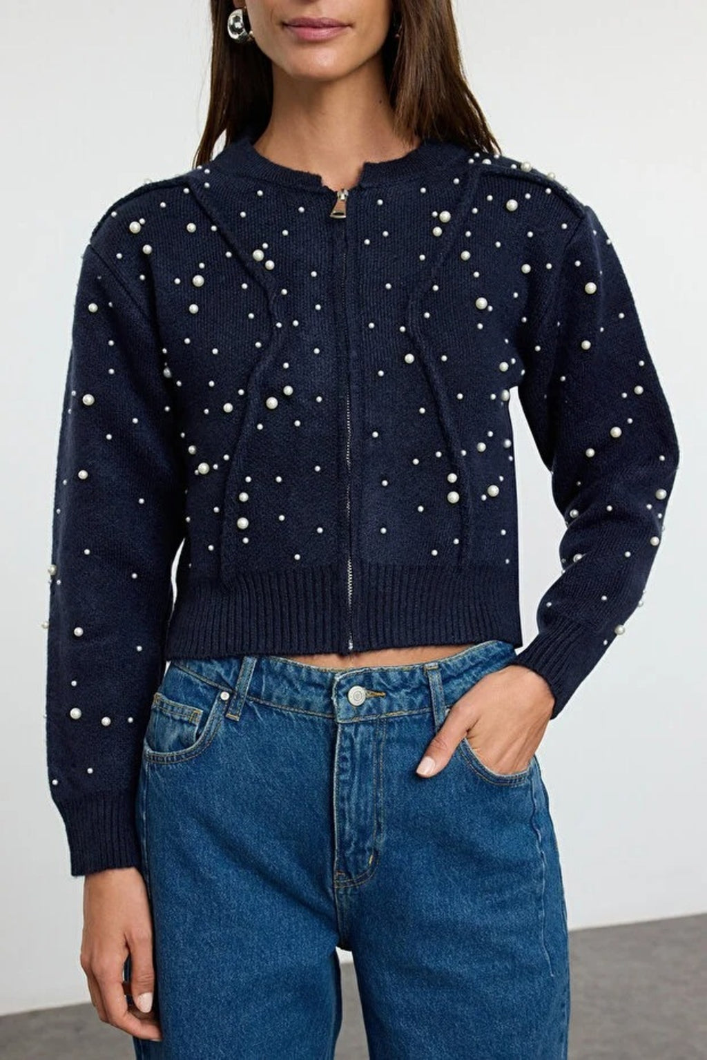 Soft Textured Zippered Knit Cardigan with Stone Details