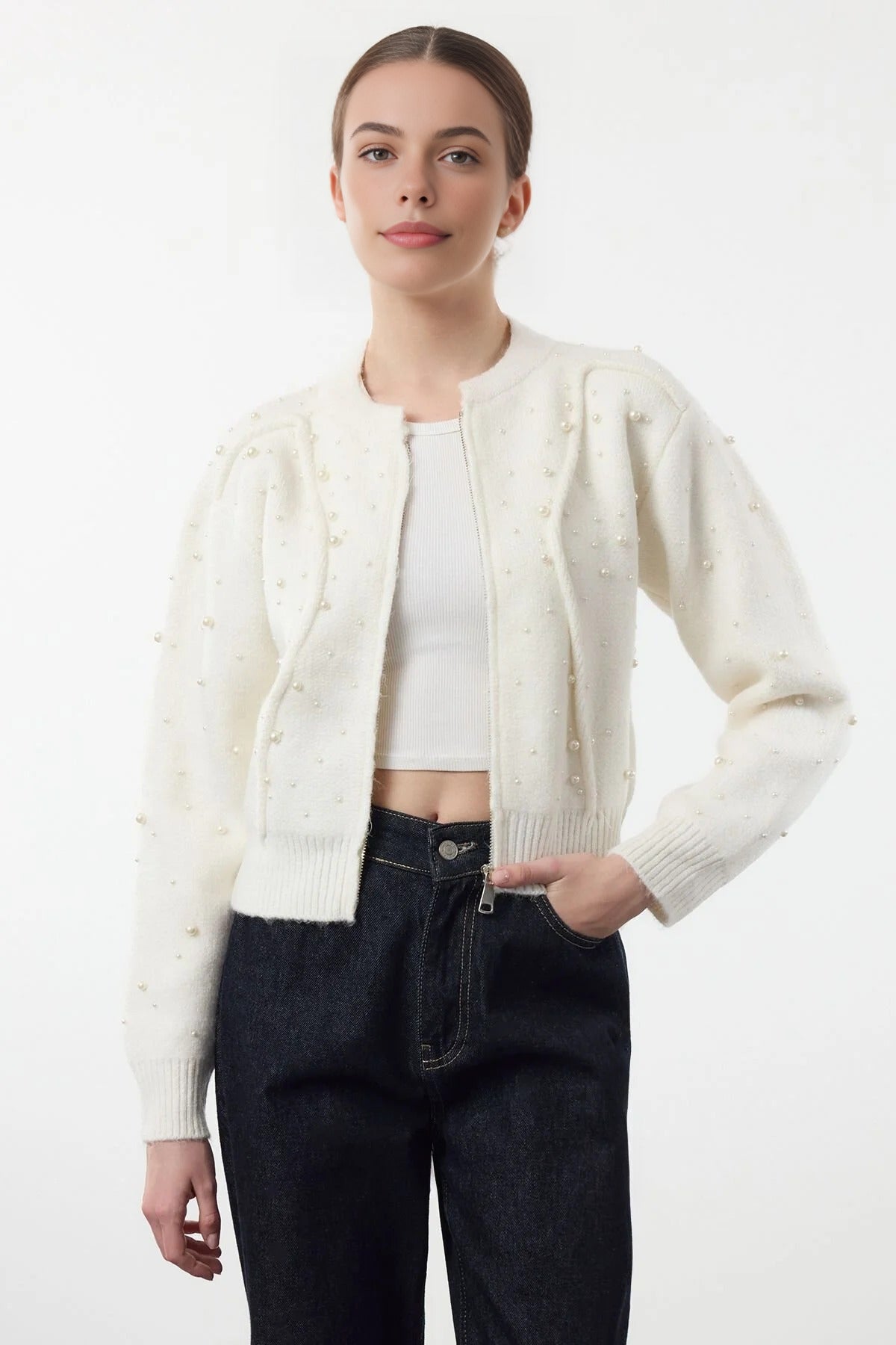 Soft Textured Zippered Knit Cardigan with Stone Details
