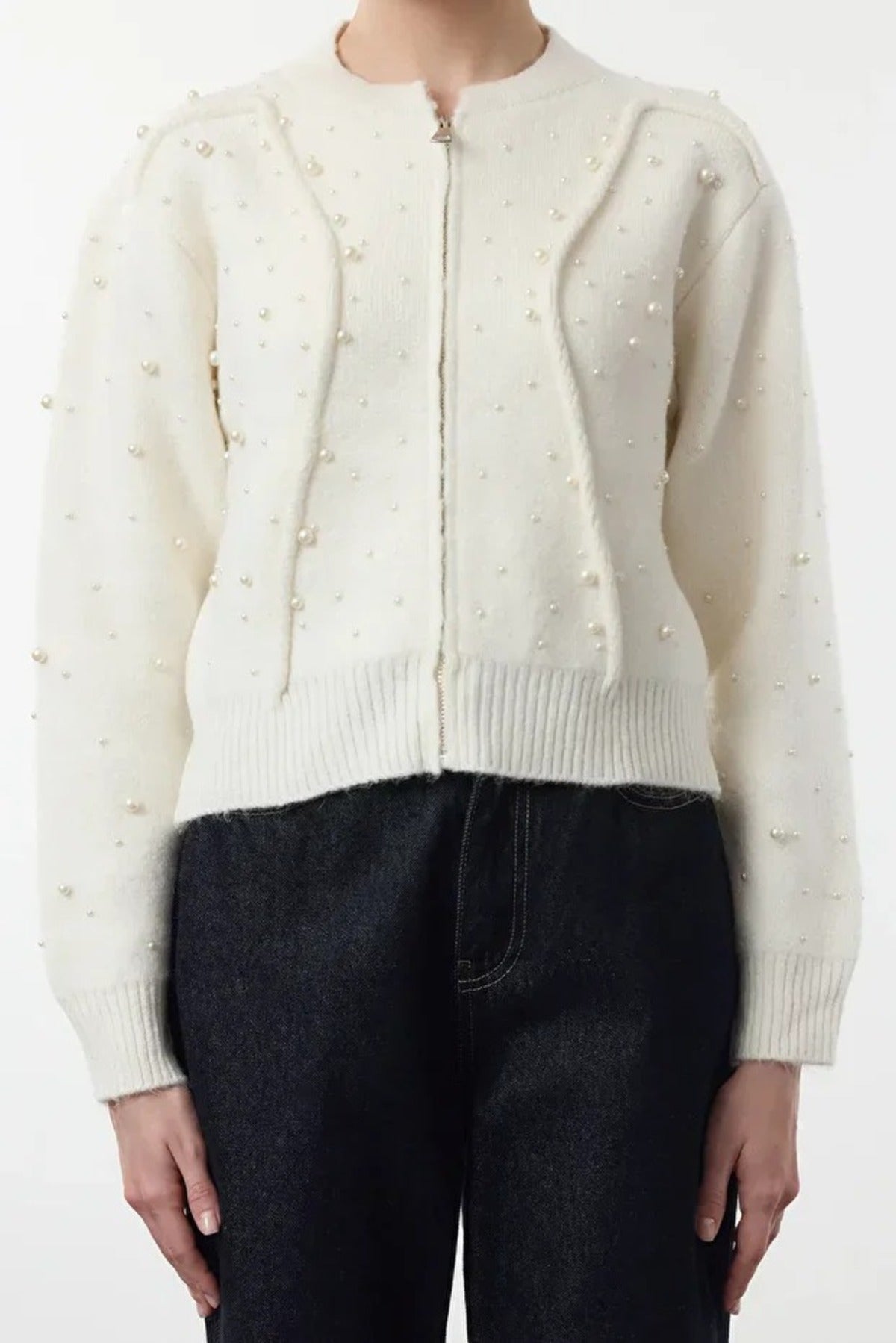 Soft Textured Zippered Knit Cardigan with Stone Details