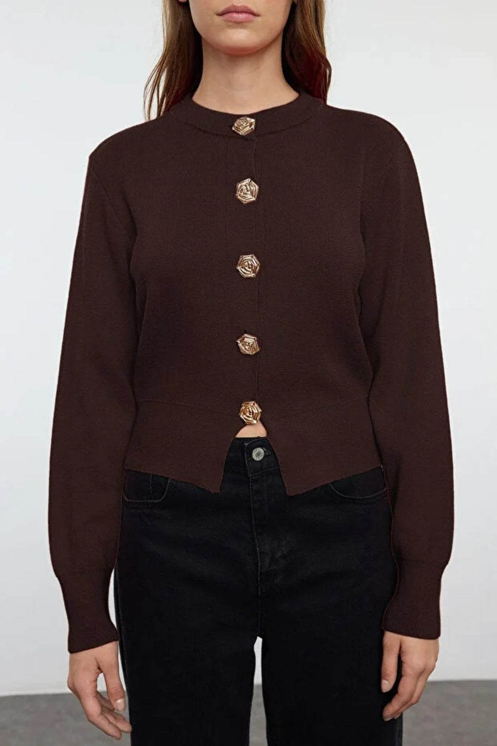 Premium Yarn Crop Knit Cardigan with Rose Button Detail