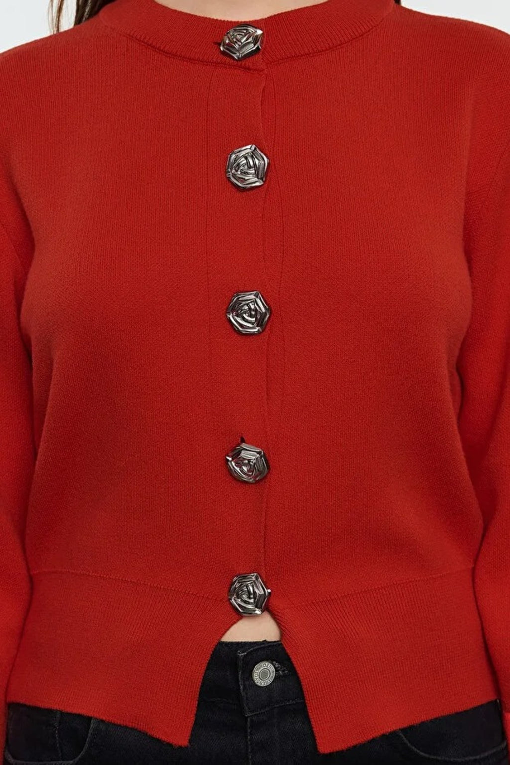 Premium Yarn Crop Knit Cardigan with Rose Button Detail