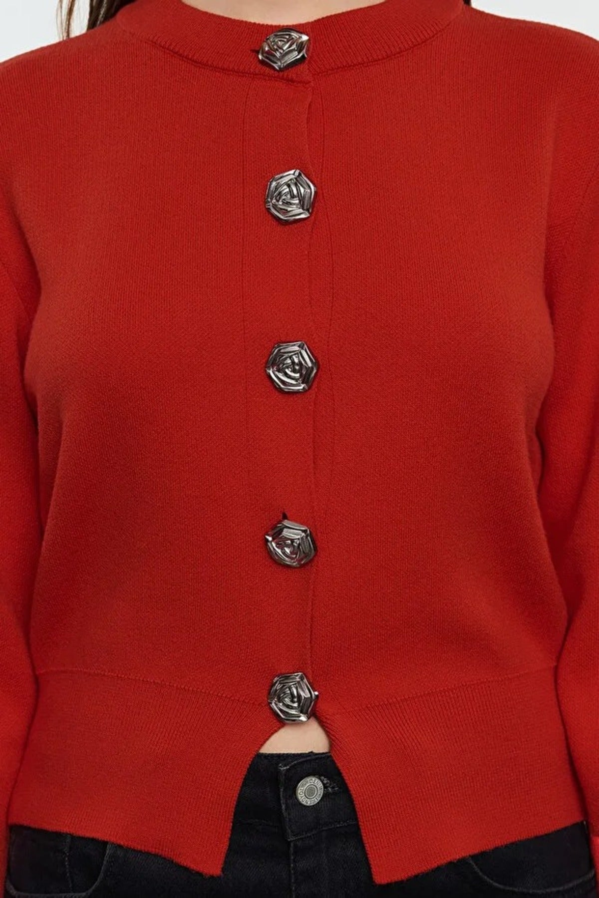 Premium Yarn Crop Knit Cardigan with Rose Button Detail