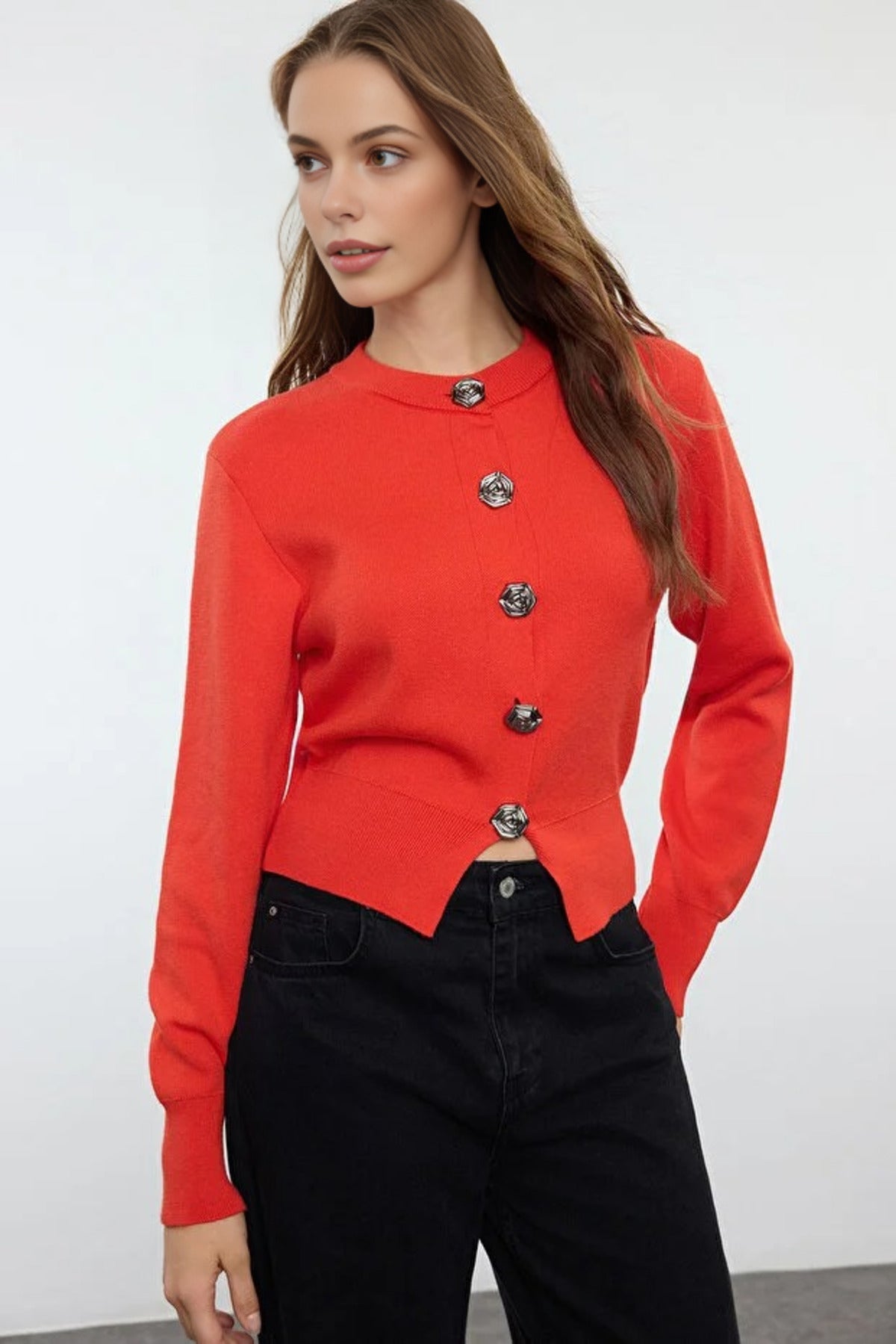 Premium Yarn Crop Knit Cardigan with Rose Button Detail