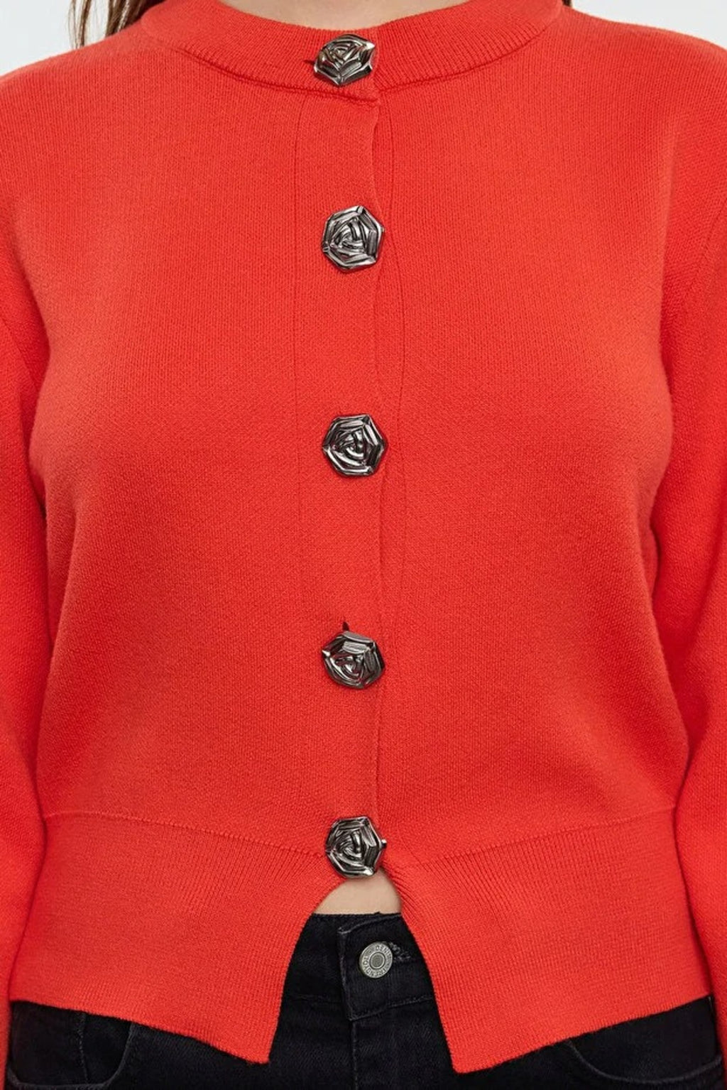 Premium Yarn Crop Knit Cardigan with Rose Button Detail