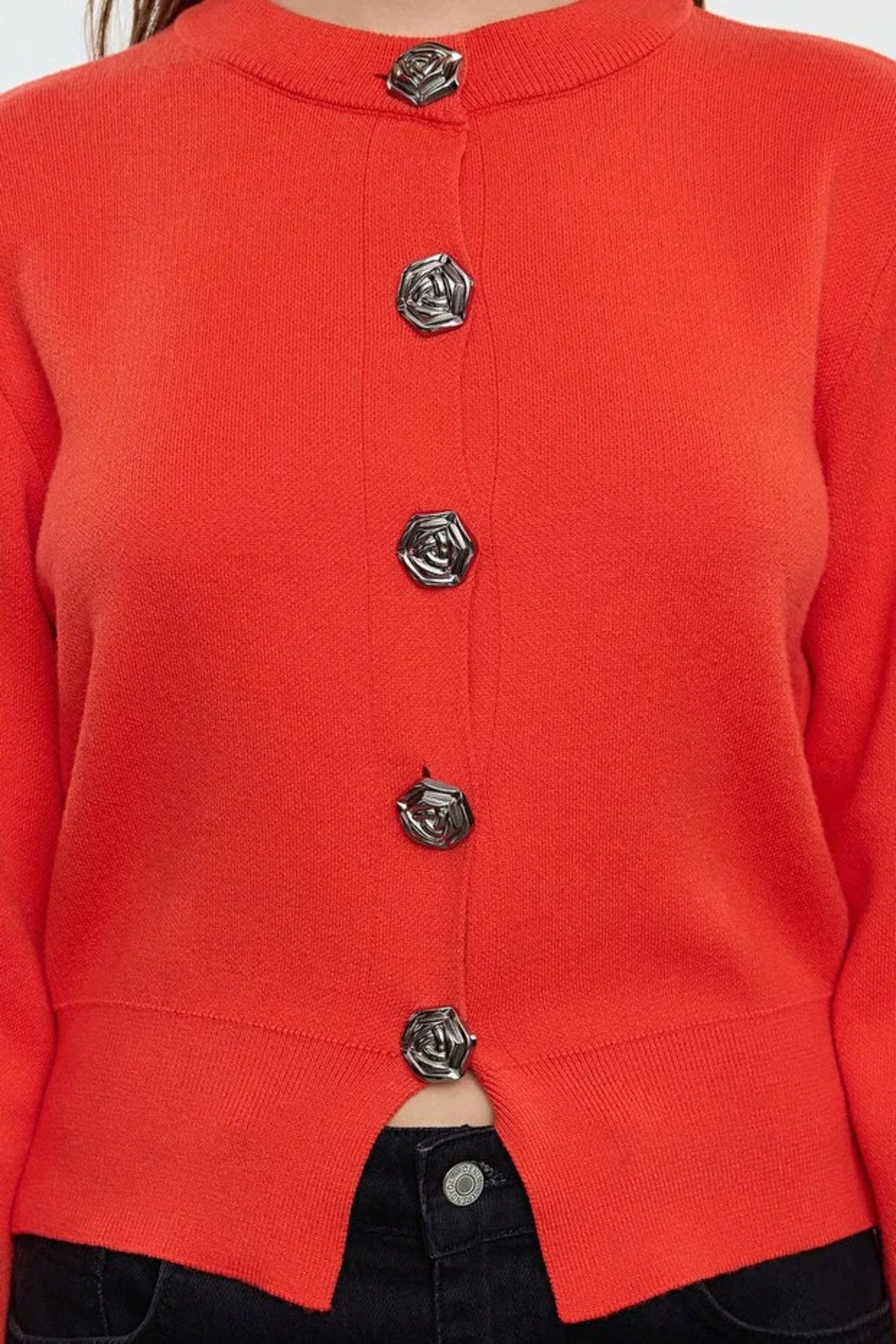 Premium Yarn Crop Knit Cardigan with Rose Button Detail