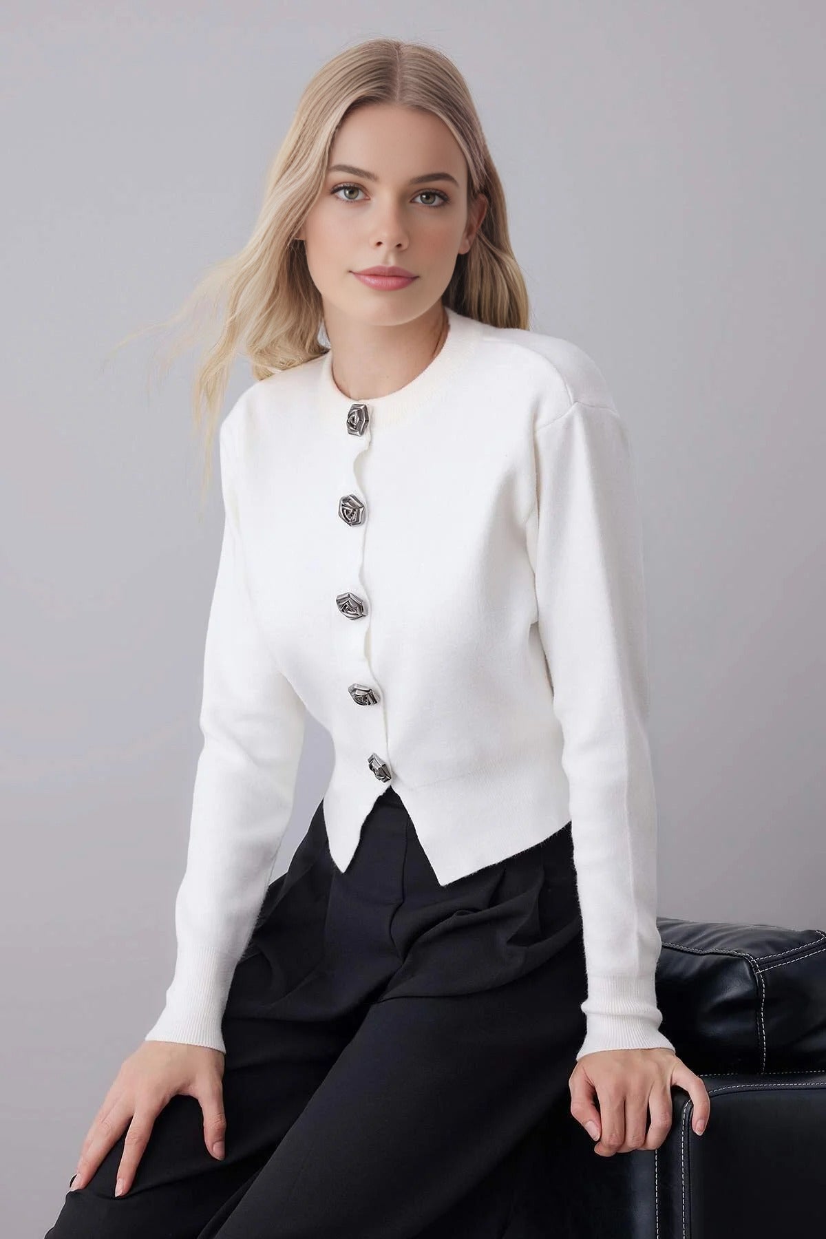 Premium Yarn Crop Knit Cardigan with Rose Button Detail