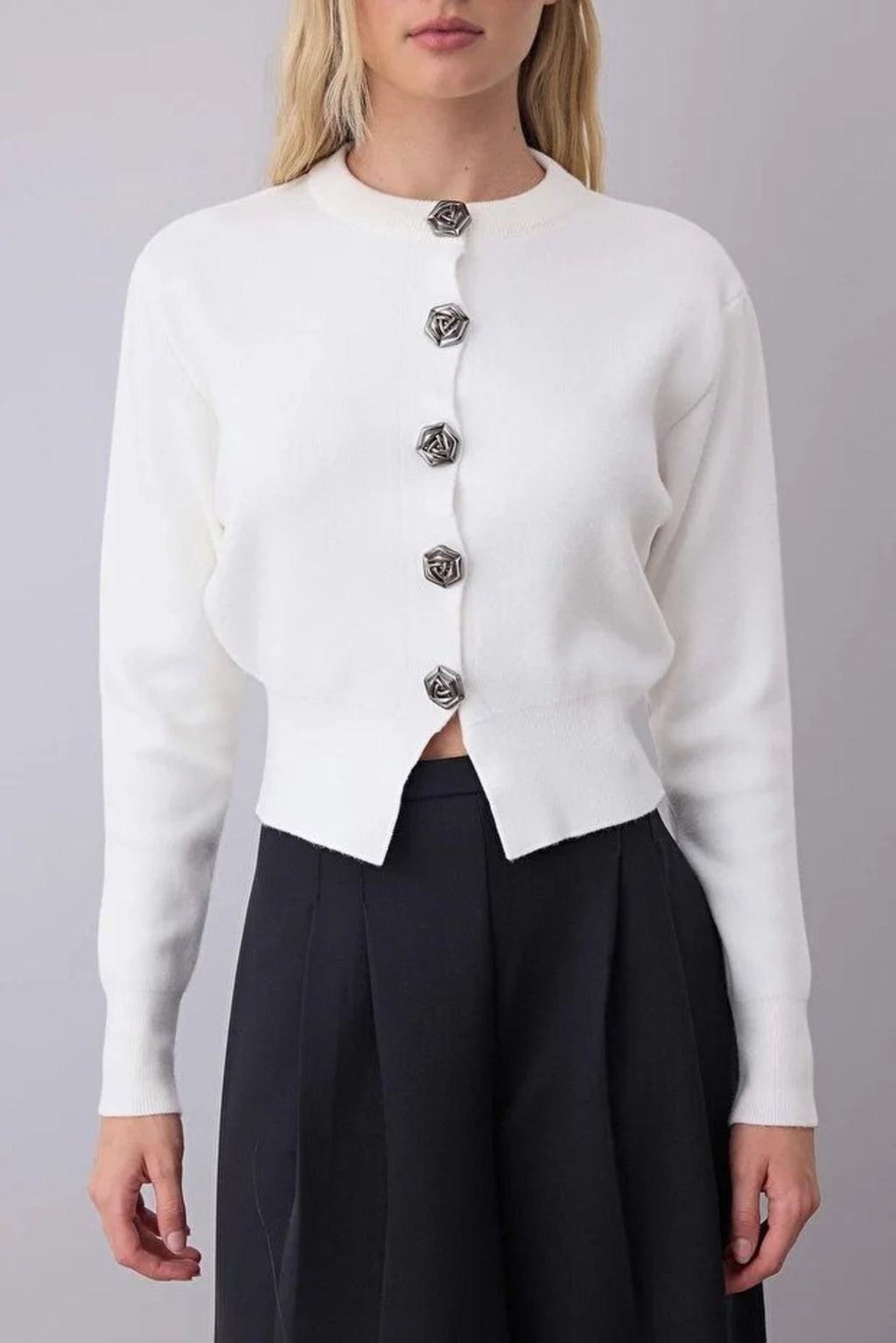 Premium Yarn Crop Knit Cardigan with Rose Button Detail